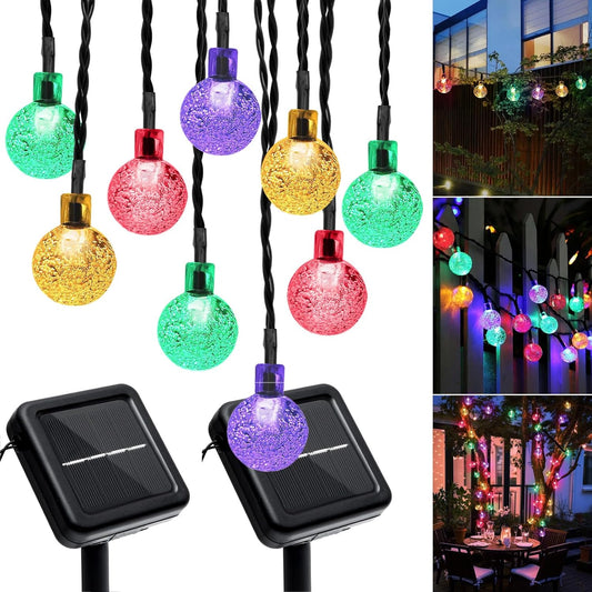 Outdoor Solar String Lights, 2x46FT 66LED 8Modes Crystal Color Solar Powered Christmas Fairy String Lights for Outside Yard Fence Easter Holiday Party Camping Porch Decor 2Pack(Multicolor)