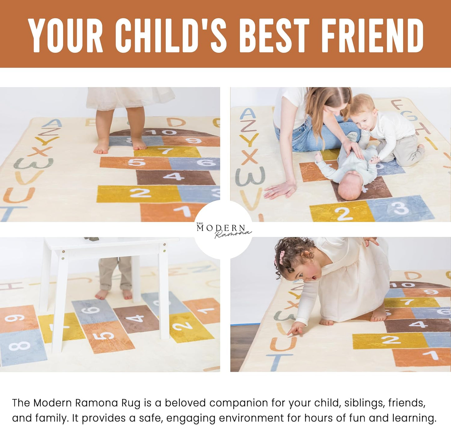Washable Hopscotch Rug for Kids | Educational ABC & Numbers Carpet for Toddler Playroom or Classroom | 4.6' x 6.5' Non-Slip Play Mat | Neutral Decor