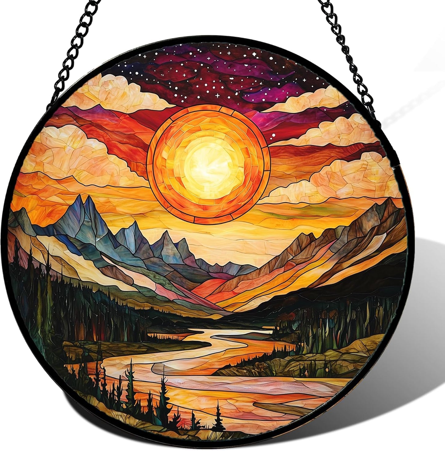 Stained Glass Window Hanging, Dusk Sunset Landscape Sun Catchers Glass Panel Lakes and Mountains Suncatcher Decor for Birthday for Women, Men, Wife, Aunt, and Mom 14.9 in