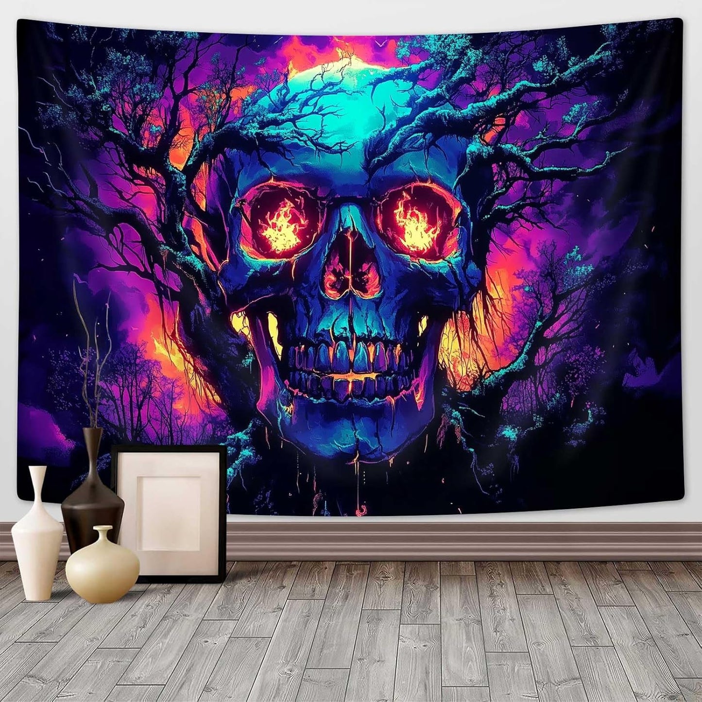 Xiaoput Blacklight Fire Skull Tapestry for Bedroom, Trippy UV Reactive Burning Skeleton Forest Wall Hanging Tapestries, Scary Dark Horror Glow in the Dark Tapestries for Living Room Home Dorm 90X70IN