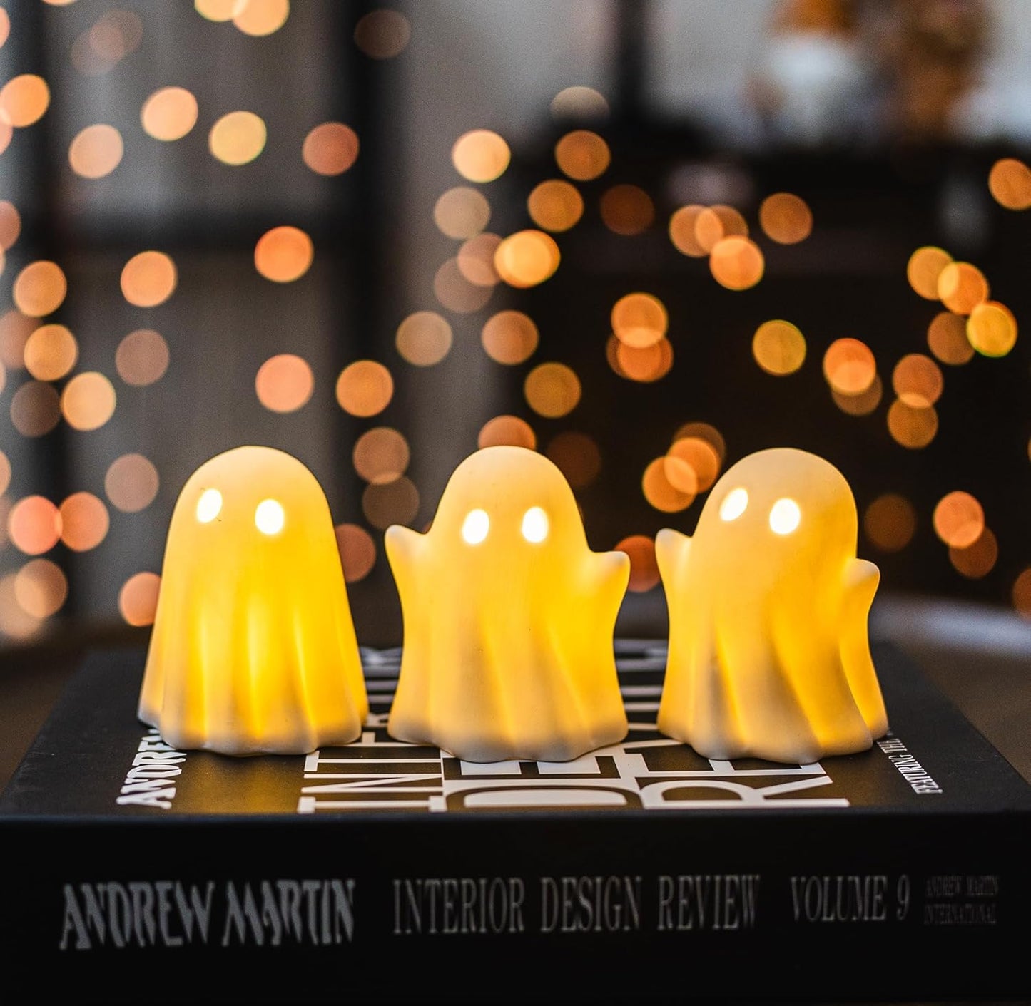 NEROSUN 3 Pack Cute Ghost Light Up Halloween Decor, LED White Ceramic Spooky Flameless Lanterns Decorative Light Fall Halloween Party Decoration for Home Bedroom Room Table Shelf