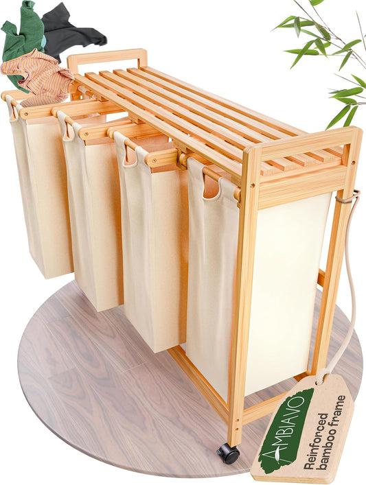 Laundry Sorter with 4 Sections beige, Hamper with Removable Cotton Bags & Wheels – Perfect Laundry Organizer - Eco-Friendly Rolling Laundry Basket – Durable Bamboo and Stylish Design