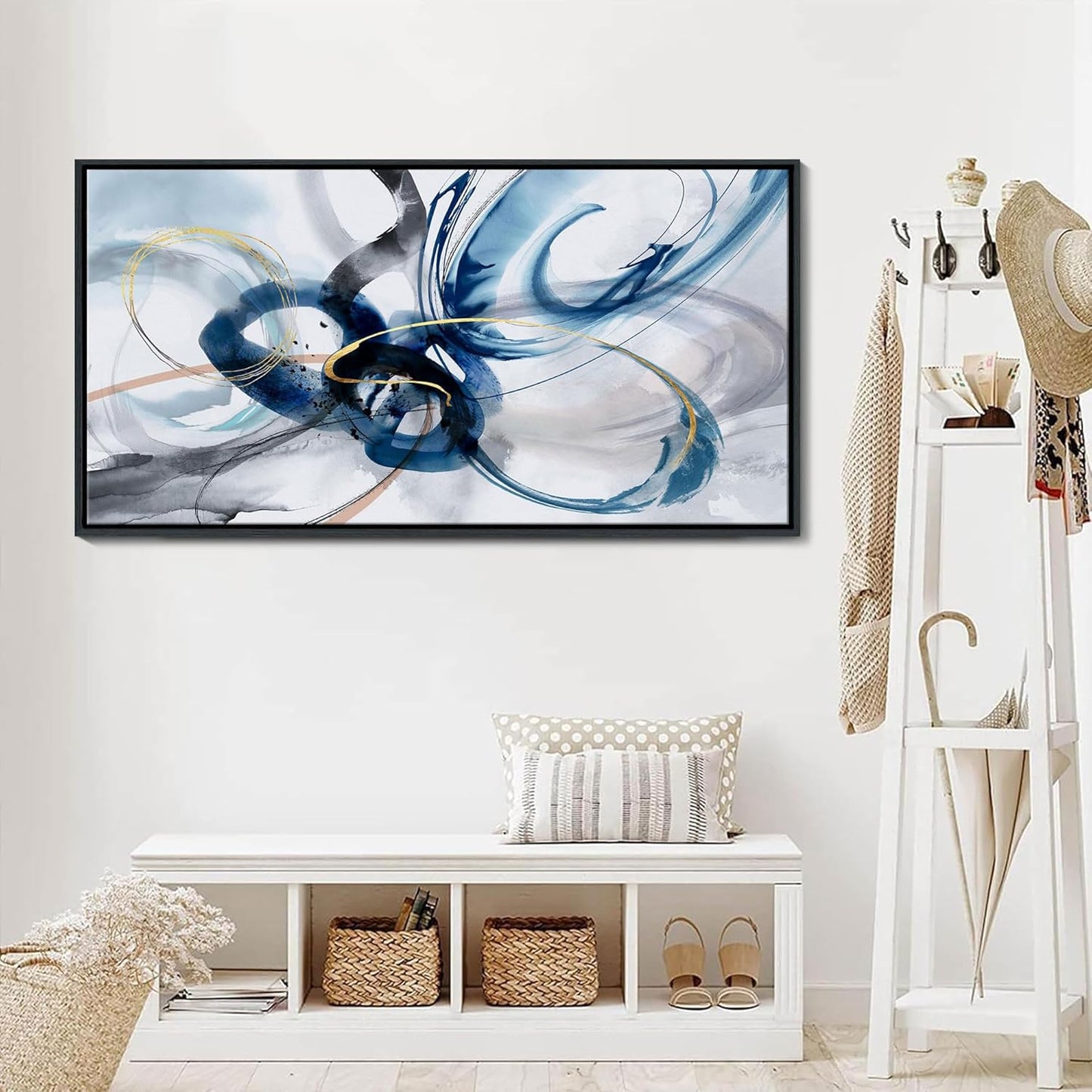 KLAKLA Large Wall Art for Living Room - Abstract Wall Decor Framed Picture Artwork for Wall Decorative Paintings Blue and White Modern Office Bedroom Art
