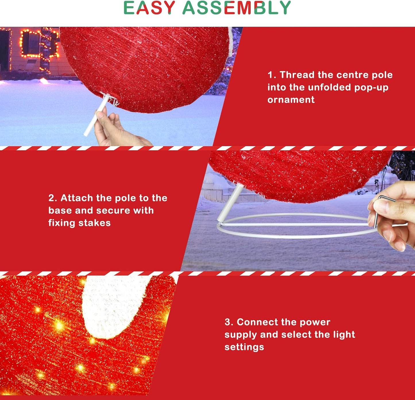 BRIGHTDECK Outdoor Christmas Ornaments, Lighted Pop-Up Outdoor Holiday Ball Decoration with 80 LED Lights, 8 Light Modes, Lighted Collapsible Holiday Decorations for Yard, Home (Red)