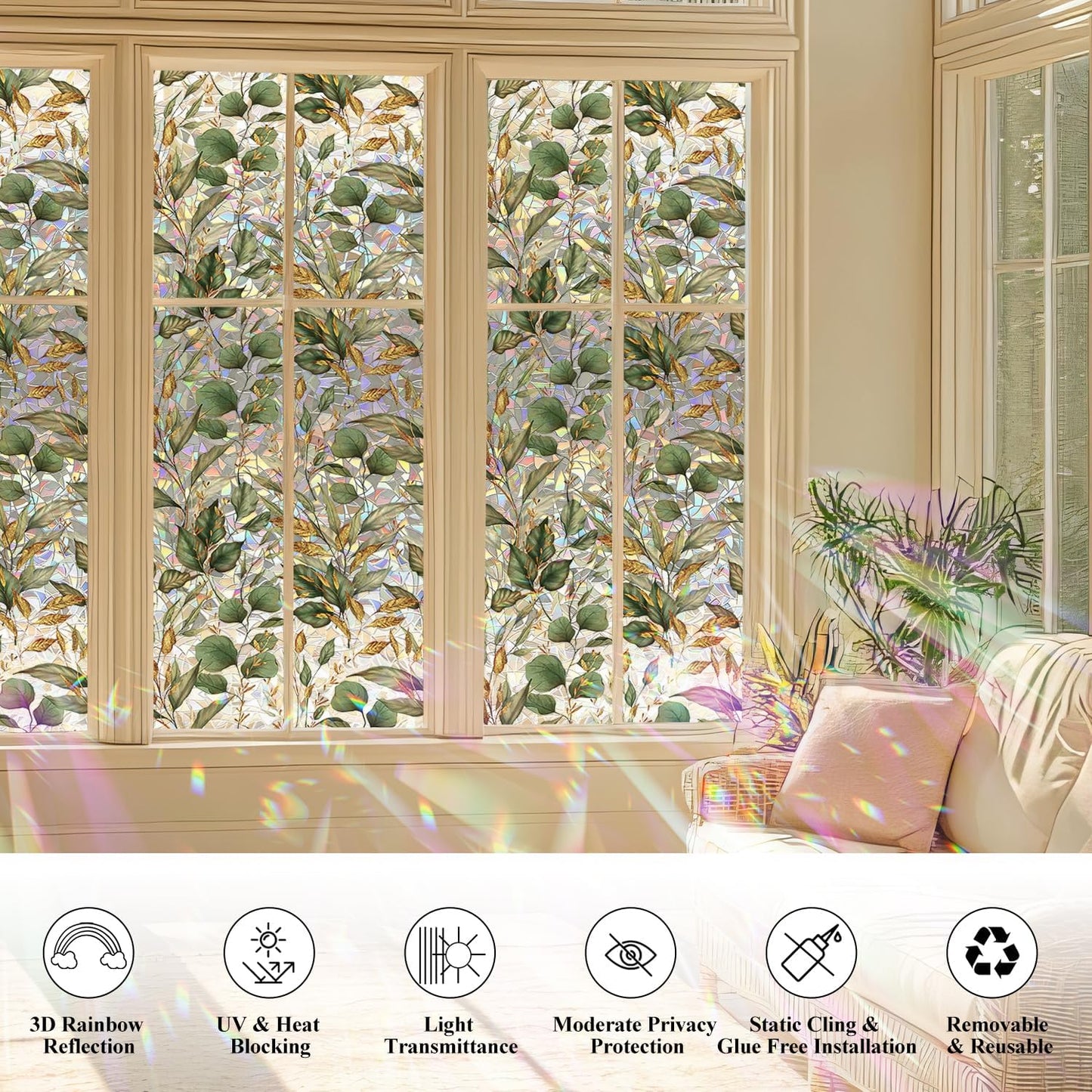 Rainbow Window Privacy Film with Tools, 3D Stained Glass Window Film, Spring & Autumn Leaves, 16.93" x 78.74"(43X200CM)