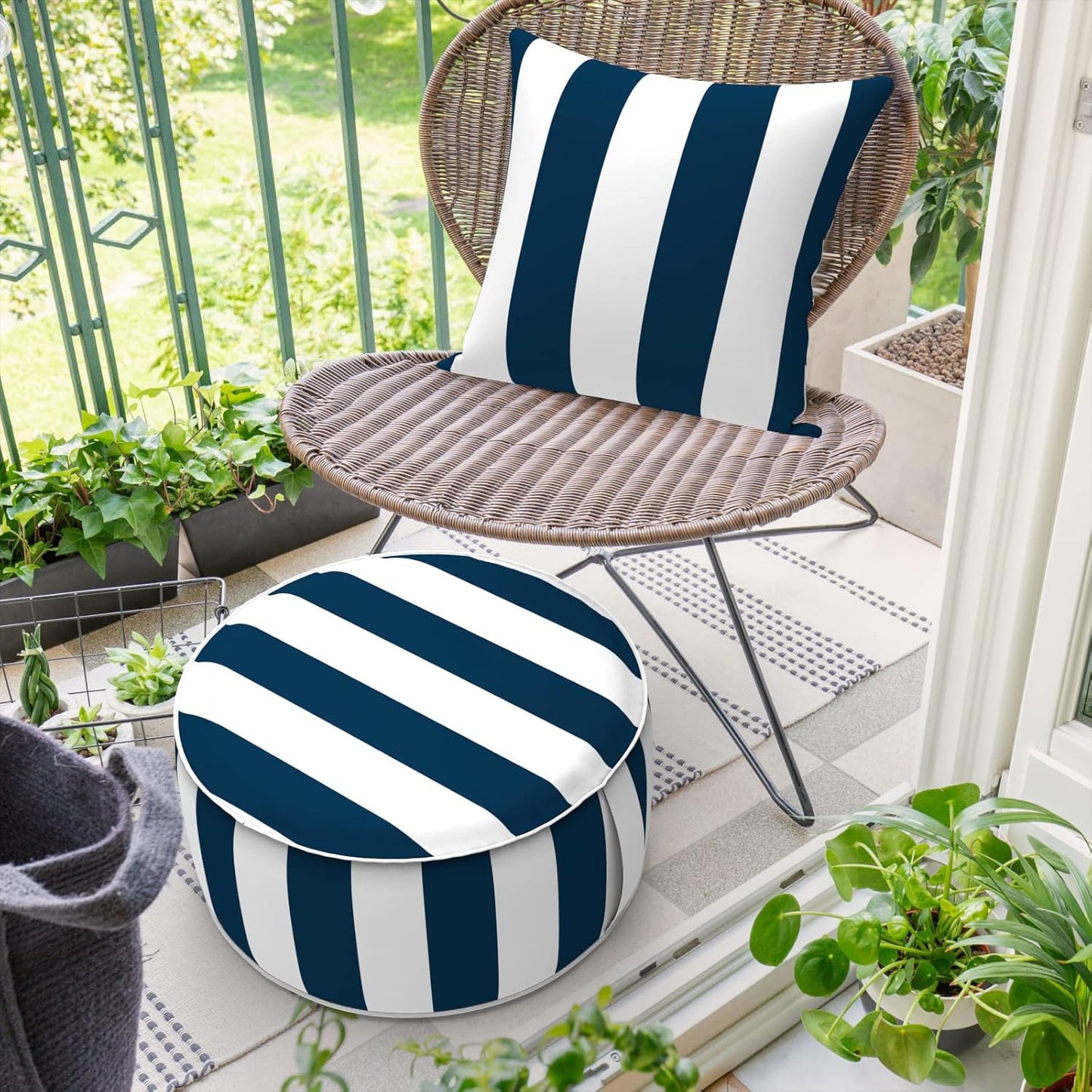 Inflatable Ottoman Stool D21 xH9 for Outdoor/Indoor Use, Water Repellent Patio Foot Rest Stool with Portable Handle,Round Pouf Ottoman Suitable for Garden,Deck and Camping - Cabana Navy