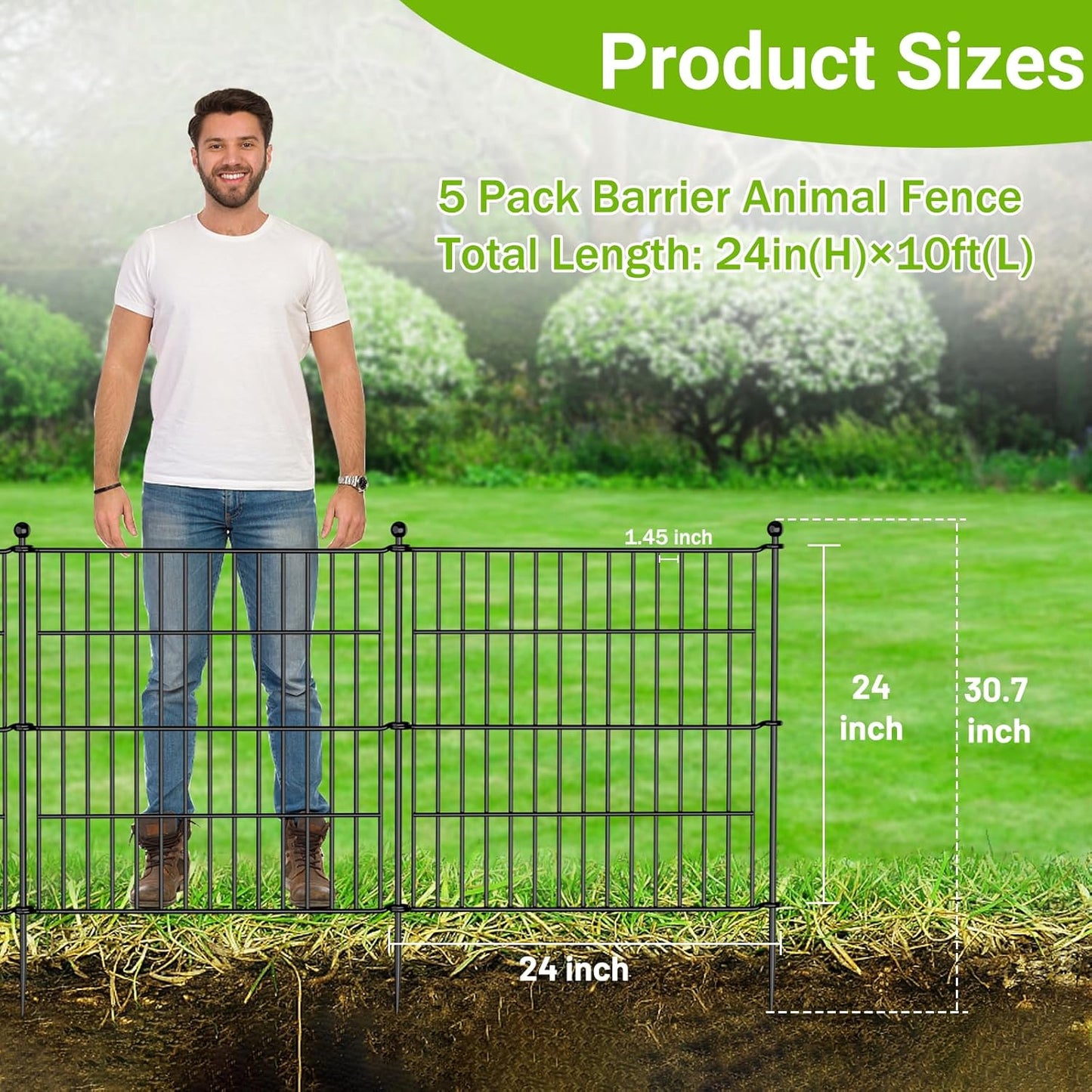 5 Panels No Dig Decorative Outdoor Garden Fence for Yard, 24 in(H) X 10 ft(L) Animal Barrier Fencing Rustproof Metal Wire Panel Border for Dog, Rabbits, and Patio Temporary Ground Stakes