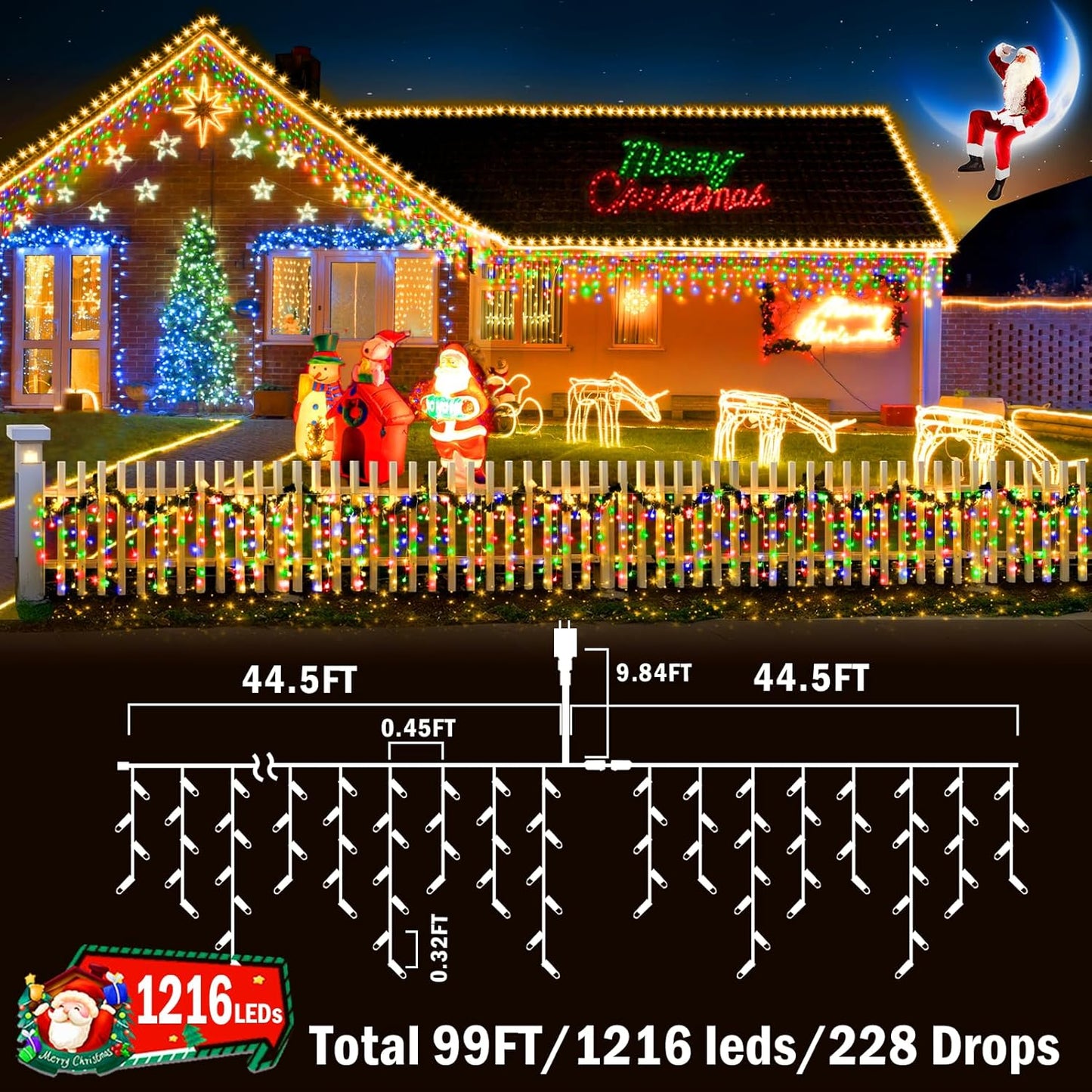 KNONEW 99ft 1216 LED Christmas Lights Outdoor 8 Modes Curtain Fairy String Light with 228 Drops, Clear Wire LED String Light Decor for Wedding Party Christmas Decorations(Multicolor)