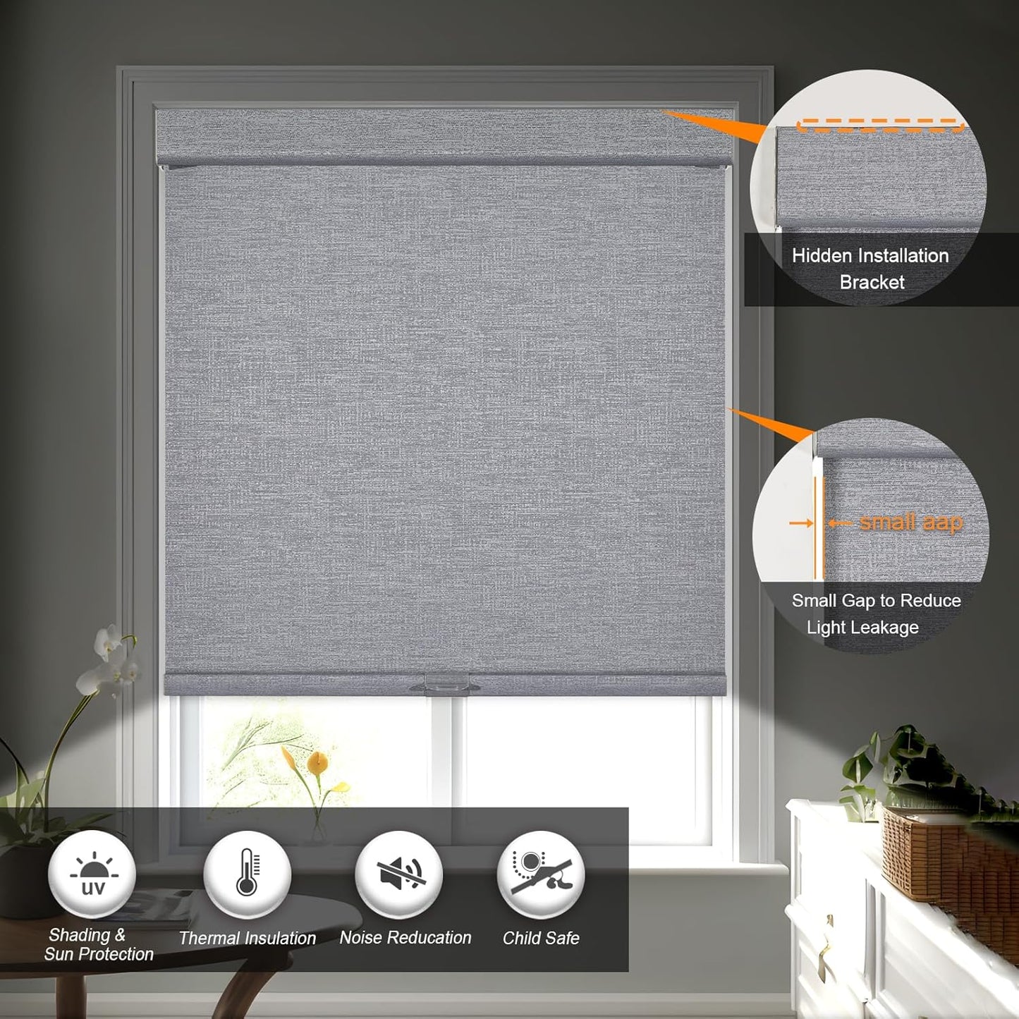 Persilux Blackout Roller Shades for Indoor Windows with Upgraded Cassette, Cordless Shades Window Blinds Pull Down for Doors, Easy to Install for Office/Living Room/Bedroom, Grey(82.5" W x 56" H)