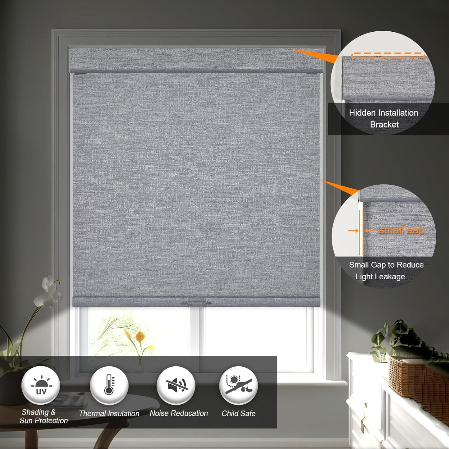 Persilux Blackout Roller Shades for Indoor Windows with Upgraded Cassette, Cordless Shades Window Blinds Pull Down for Doors, Easy to Install for Office/Living Room/Bedroom, Grey(27" W x 48" H)