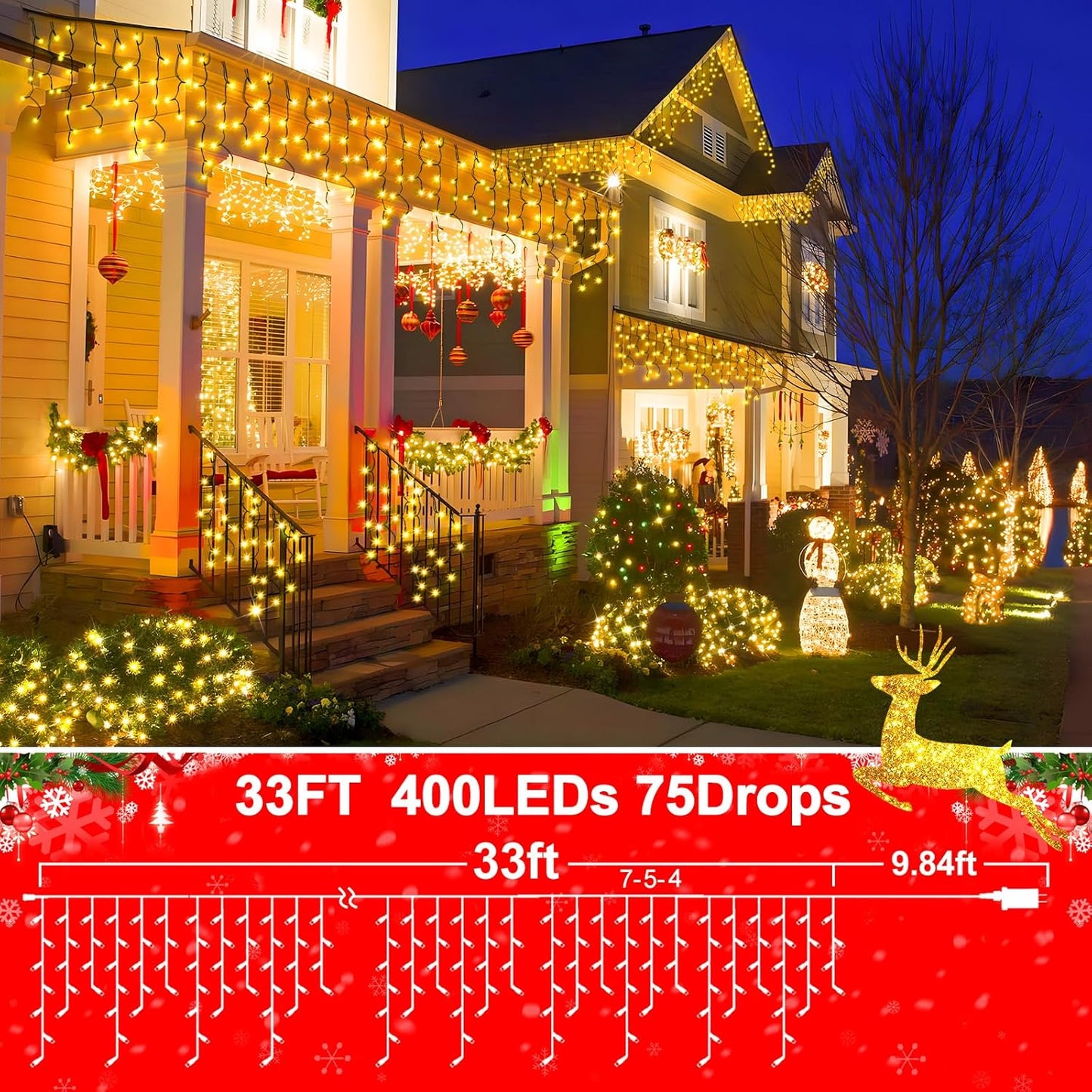 KNONEW 33FT 400 LED Christmas Lights Outdoor Black Wire String Lights with 75 Drops, 8 Lighting Modes, Timer Memory Function Connectable Hanging Curtain Lights for Halloween Party Decor (Warm White)