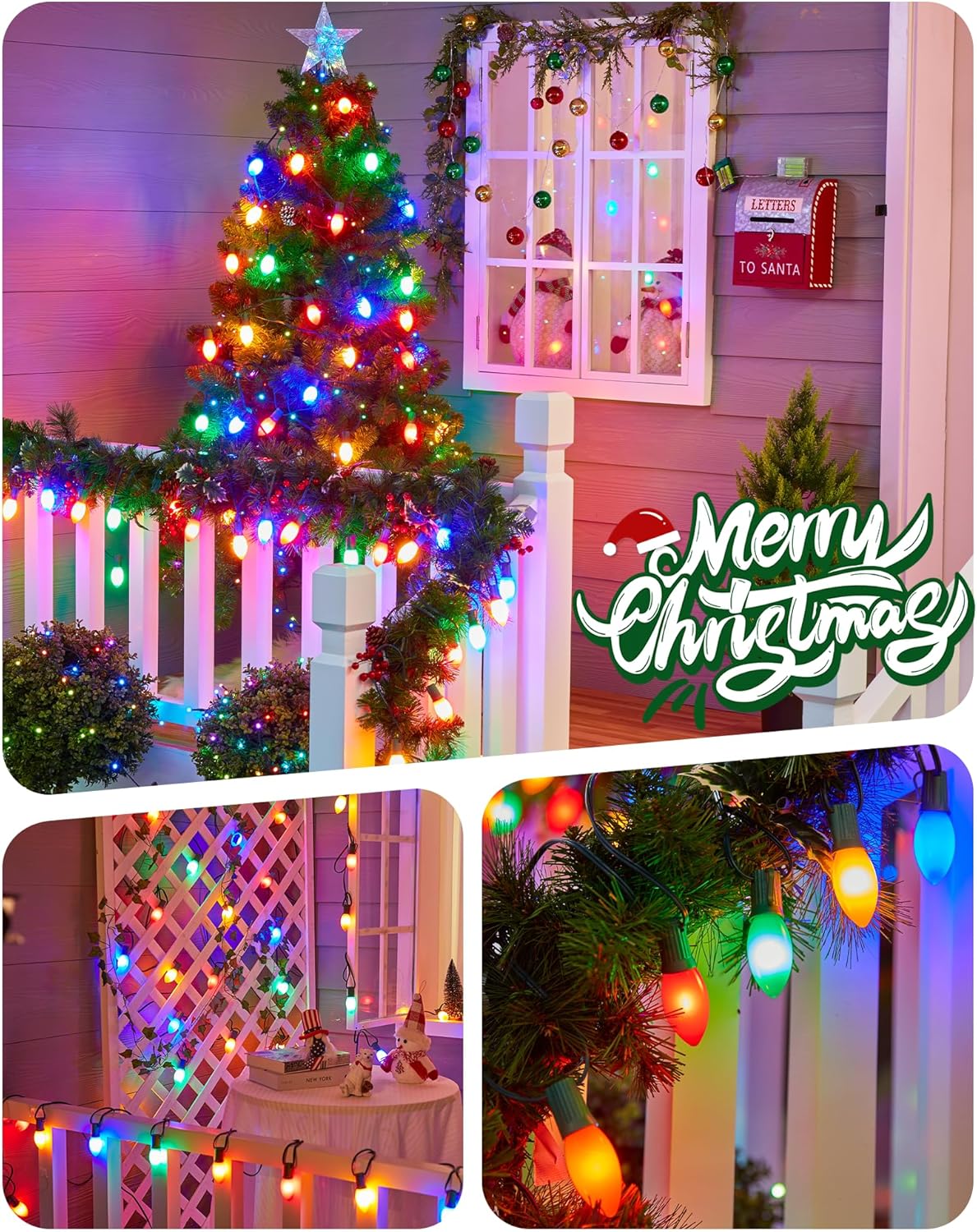 Vintage C9 LED Christmas Lights Outdoor - 25 Feet String with 25 Colored Shatterproof Bulbs, Connectable Waterproof Lights for Holiday Party Roofline, Backyard, Garden, Patio, Green Wire