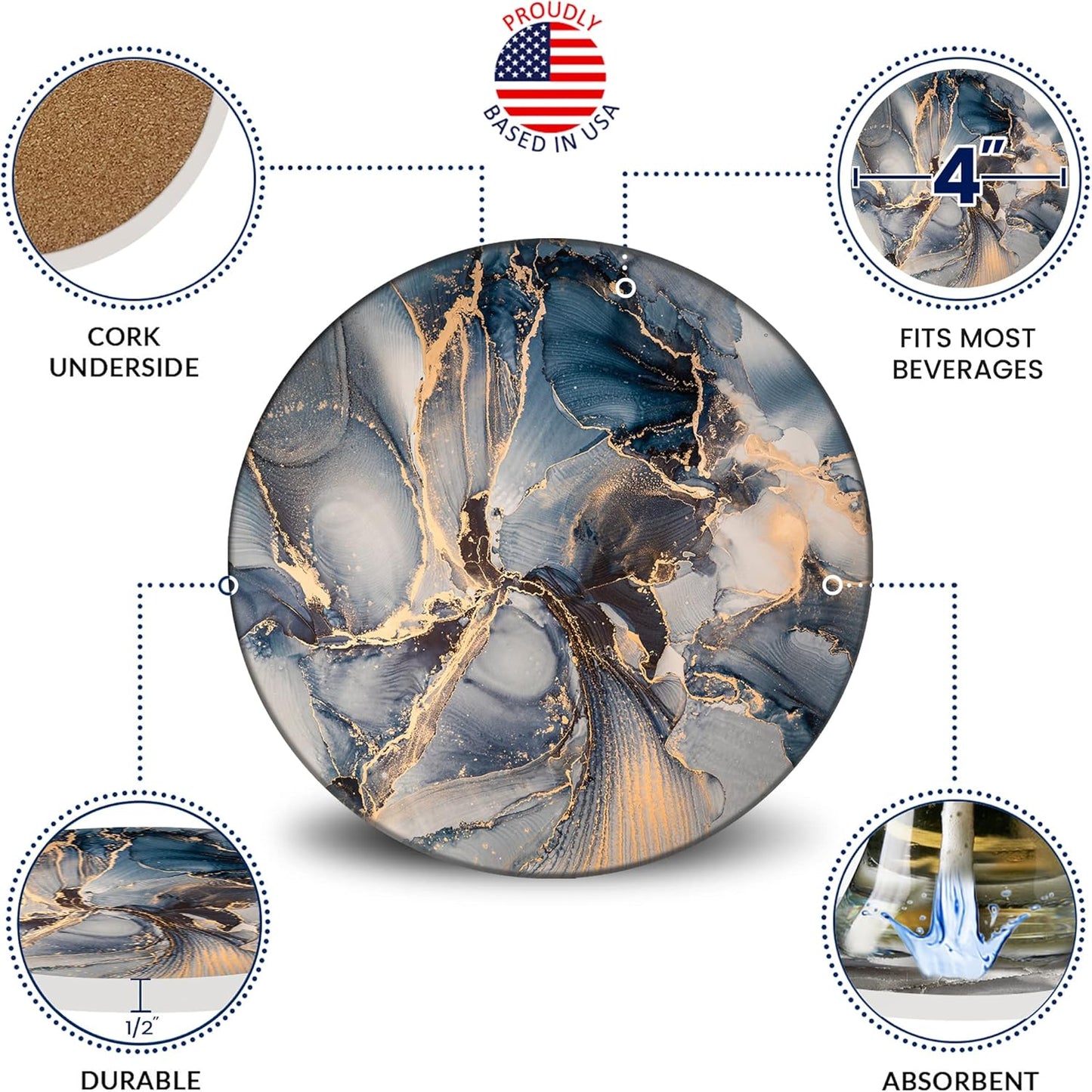 Emerson Coasters for Drinks Absorbent – Natural Stone Drink Coasters Set with Holder, Coasters for Coffee Table, Wooden Tabletop Protection Marble Style – 100% Heavy Duty Set of 6 (Atlas)