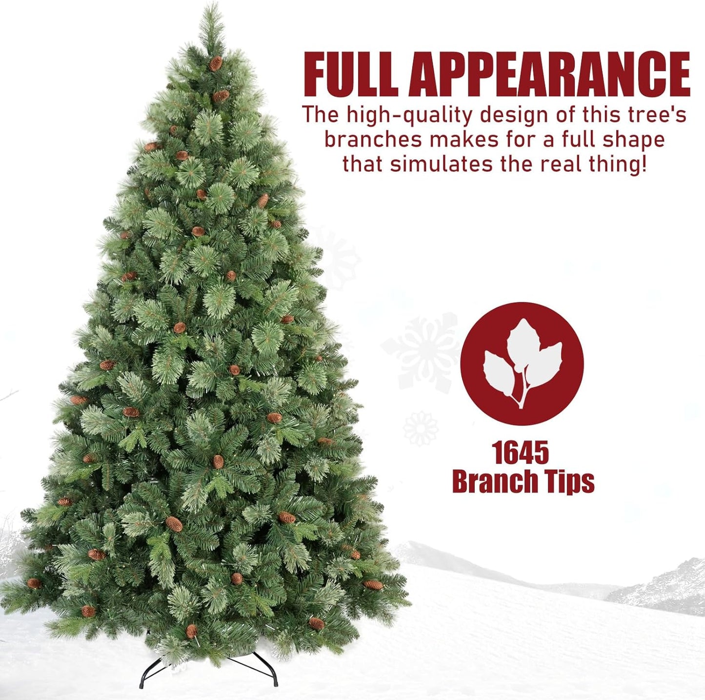 Kadunmina 7.5ft Artificial Christmas Tree Carolina Pine Tree, Unlit Hinged Premium Xmas Trees with 1645 Branch Tips, Pine Cones, Foldable Metal Stand for Home, Office, Holiday Party Decoration