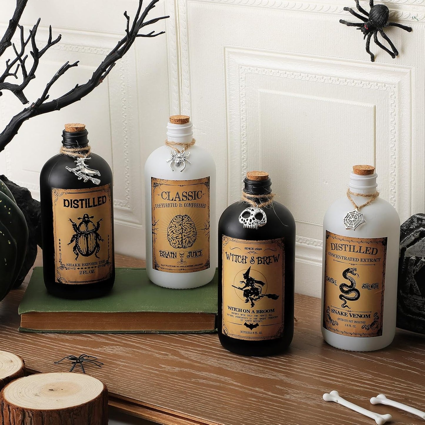 Uiifan 31 Pcs Halloween Potion Bottles Set Including Glass Apothecary Bottles with Cork Stickers and Pendants Halloween Decorations Indoor Party Supplies(White, Black,16 oz)
