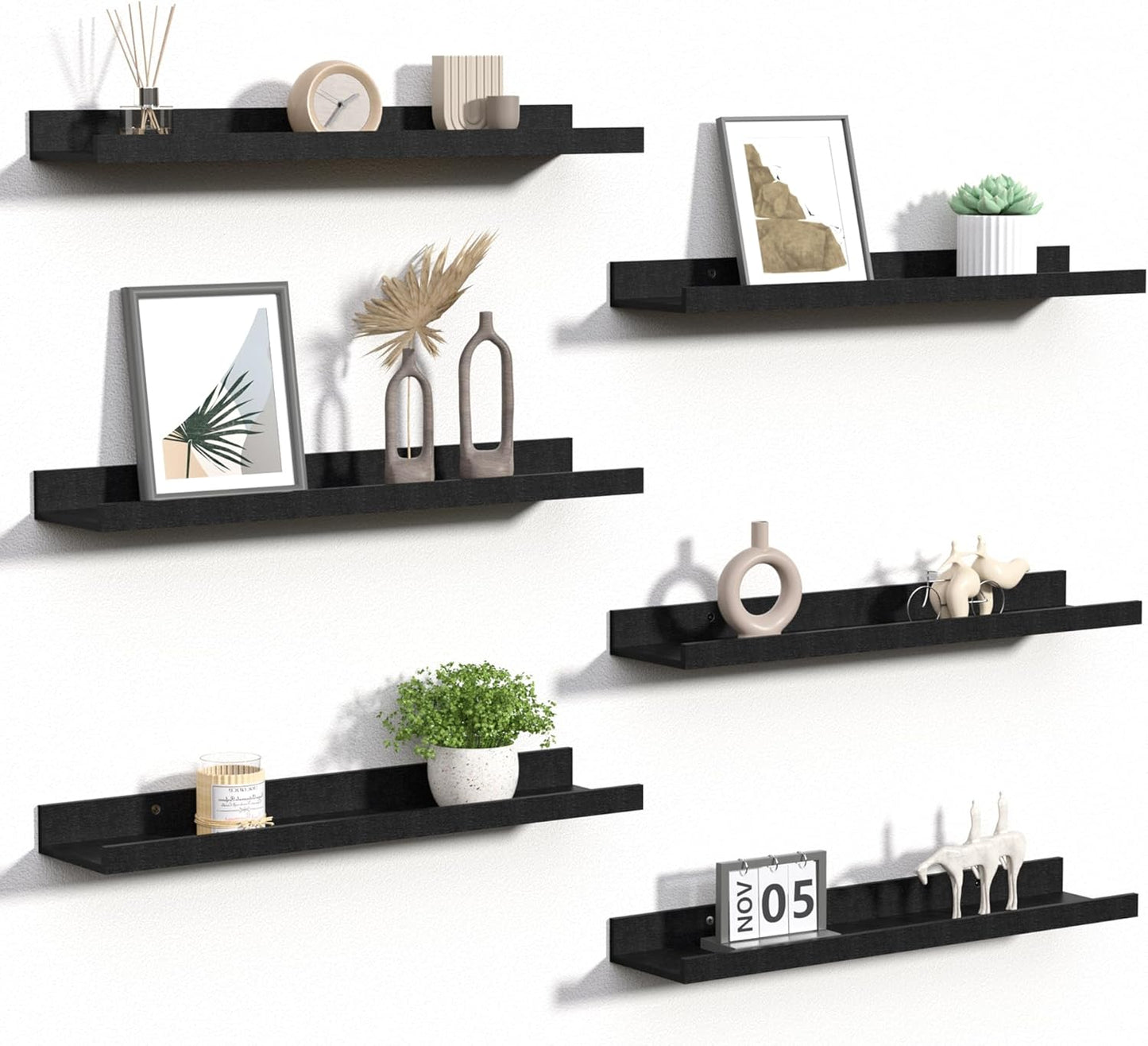 upsimples Floating Shelves for Wall, Wall Shelves for Decor Storage Set of 6, Wall Mounted Wood Shelf for Bedroom, Living Room, Bathroom, Kitchen, 23.6 inch Long Picture Ledge Shelf, Black