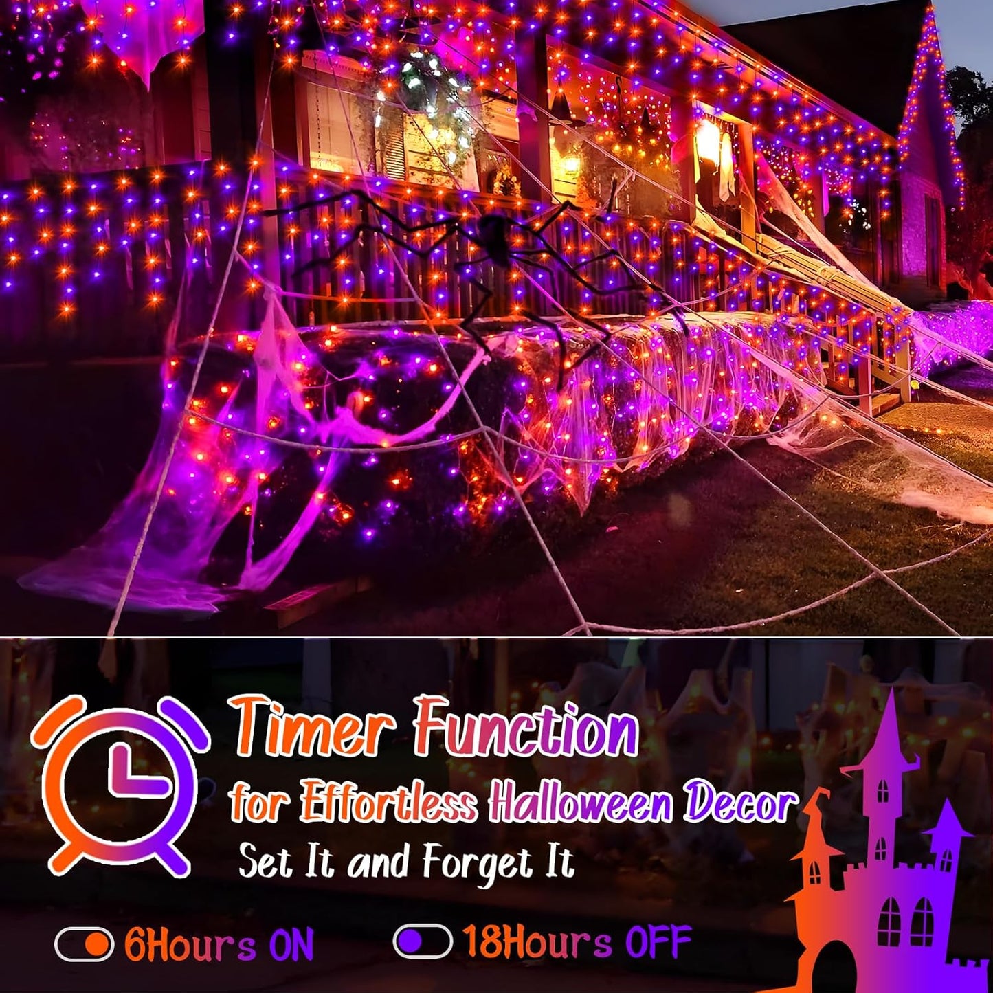 KNONEW 33FT 400 LED Orange Purple Halloween Lights Outdoor Black Wire String Lights with 75 Drops, 8 Lighting Modes, Timer Memory Function Connectable Hanging Curtain Lights for Halloween Party Decor