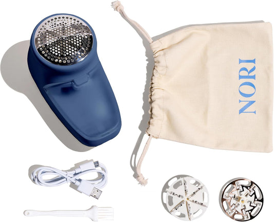 Nori Trim Fabric Shaver - Lint Remover for Clothes & Furniture Couch Pilling - Sweater Pill Remover - Clothes Shaver with 6 Precision Blades - Wireless and Rechargeable - Navy