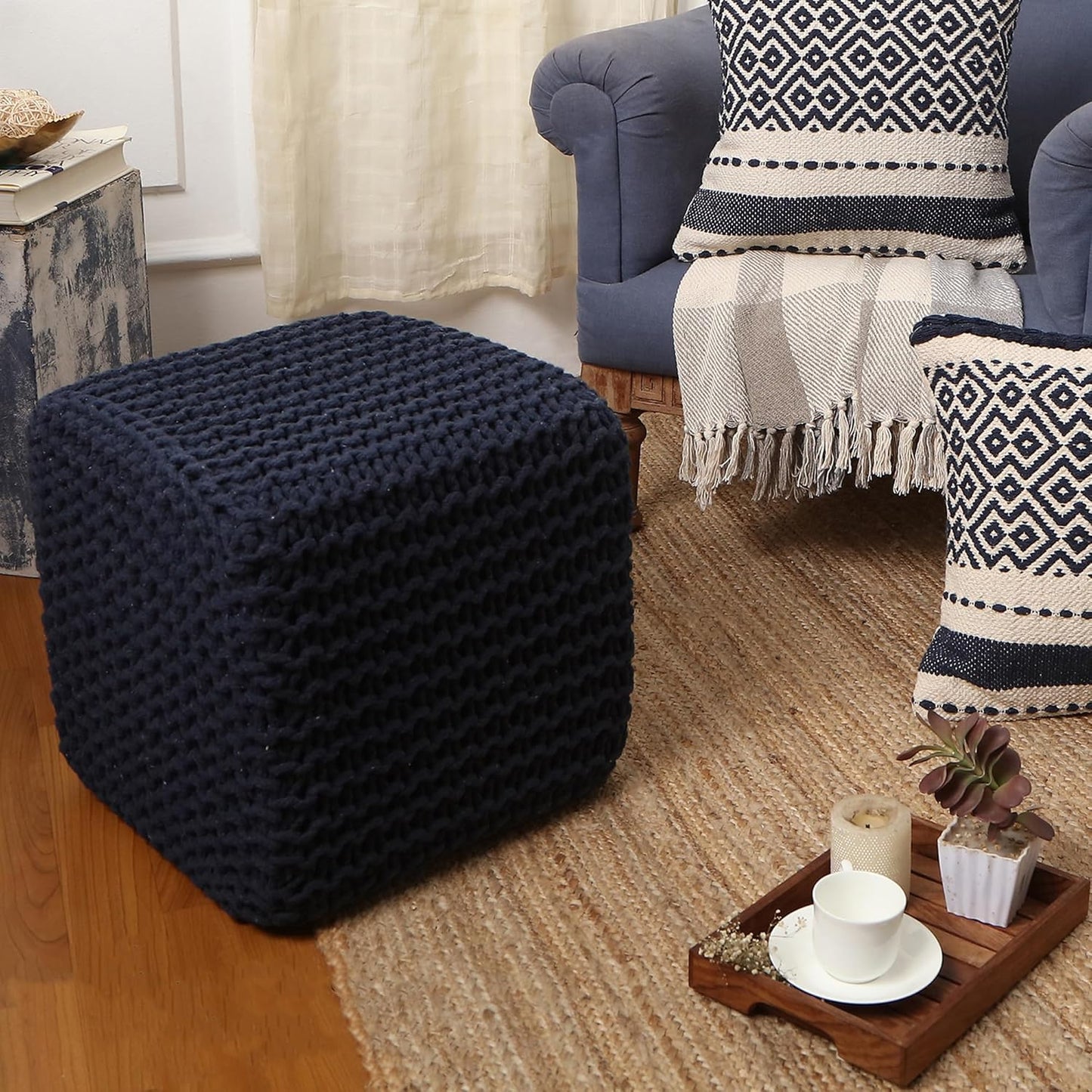 REDEARTH Square Hand Knitted Pouf - Foot Stool Ottoman Coffee Table - Cotton Cord Boho Pouffe - Poof Accent Footrest for Living Room - Bedroom - Library (16" x 16" x 16") - Navy Blue