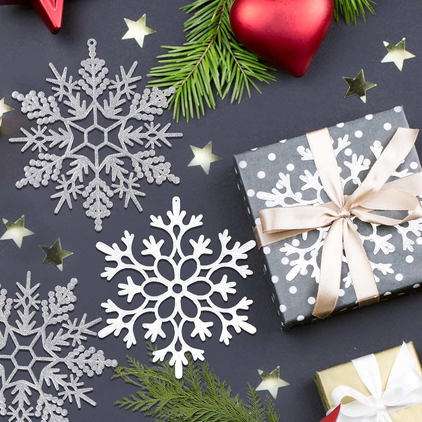 12pcs Large Christmas Snowflakes Decorations, 12" Big Plastic Glitter White Sliver Snowflake Ornaments for Winter Indoor Outdoor Christmas Tree Holiday Window Room Decor Craft Snowflakes