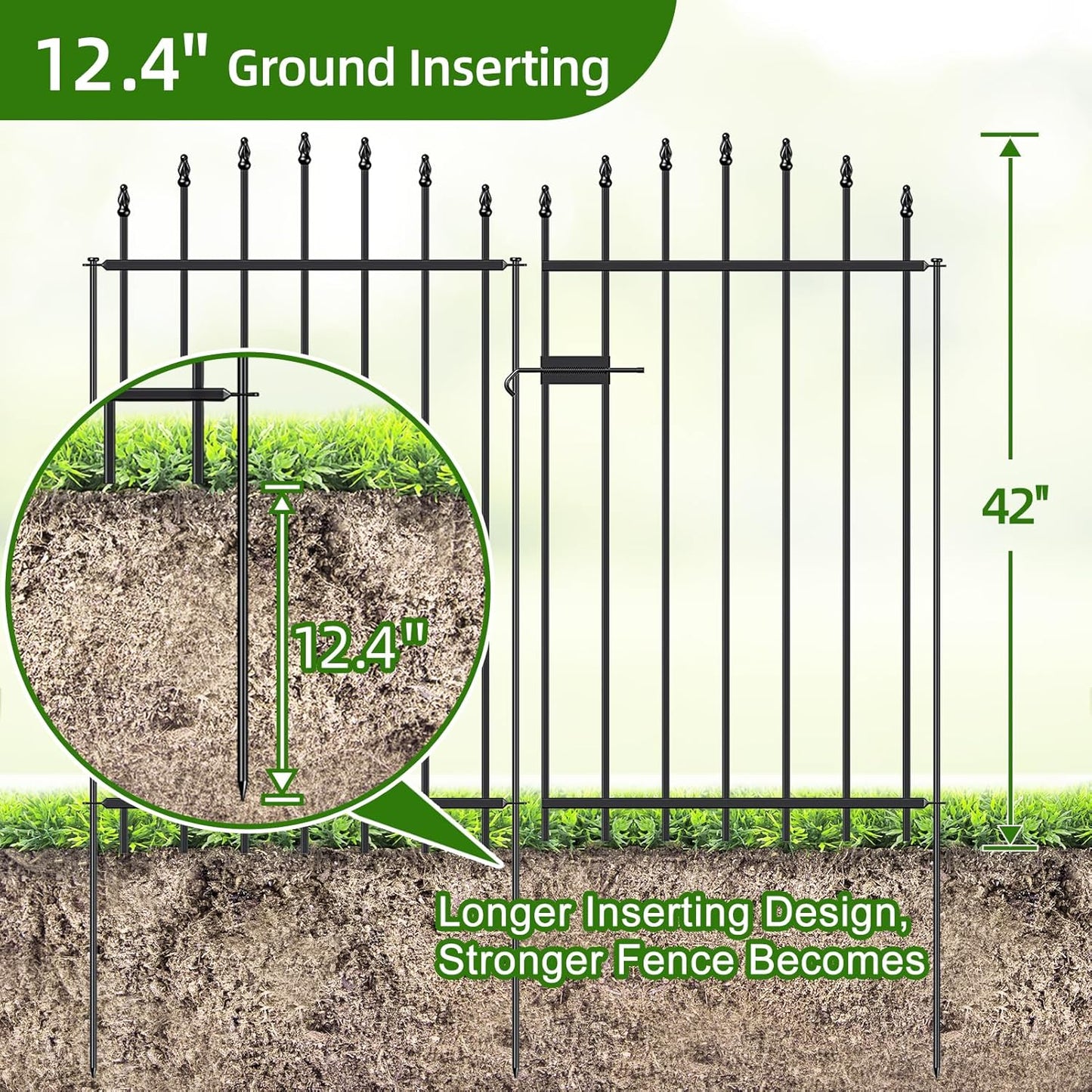 Metal Garden Fence with Gate 42 in H x 12 ft L, 1 Gate + 5 Panels Border Dog Fence Panels Animal Barrier, No Dig Garden Fencing for Yard Patio Flower Bed Lawn Outdoor, Arch Black
