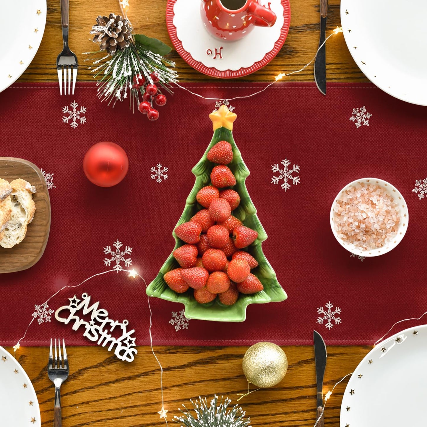 Artoid Mode Xmas Trees Snowflakes Red 210 GSM Merry Christmas Table Runner, Winter Kitchen Dining Table Decoration for Home Party Decor 13x108 Inch