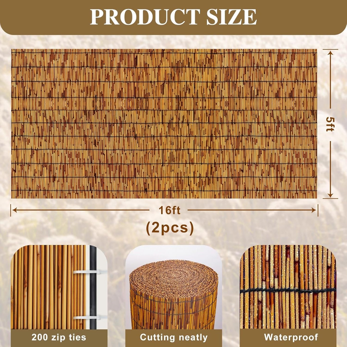 Reed Fencing Rolls,Patio Privacy Screen,Decorative Bamboo Fence Rolls for Patio Balcony Garden Backyard Outdoor,5x16FT(2Pcs)