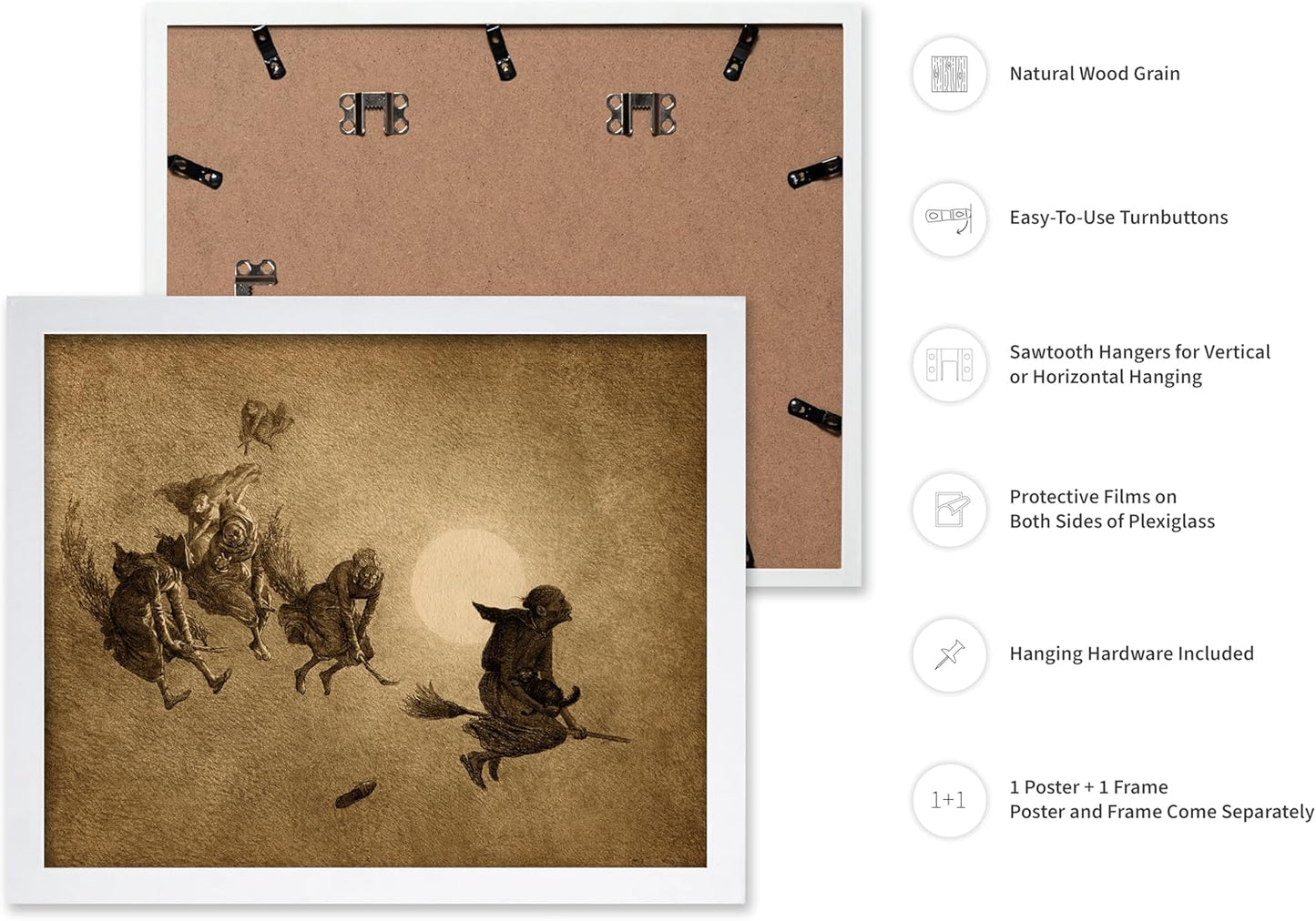 Poster Master Vintage William Holbrook Beard Poster - Retro Occult Print - Gift for Gothic, Horror Fan - The Witches Ride, Pagan, Goth, Magic - Wall Decor for Bedroom, Dorm, 8x10 White Framed