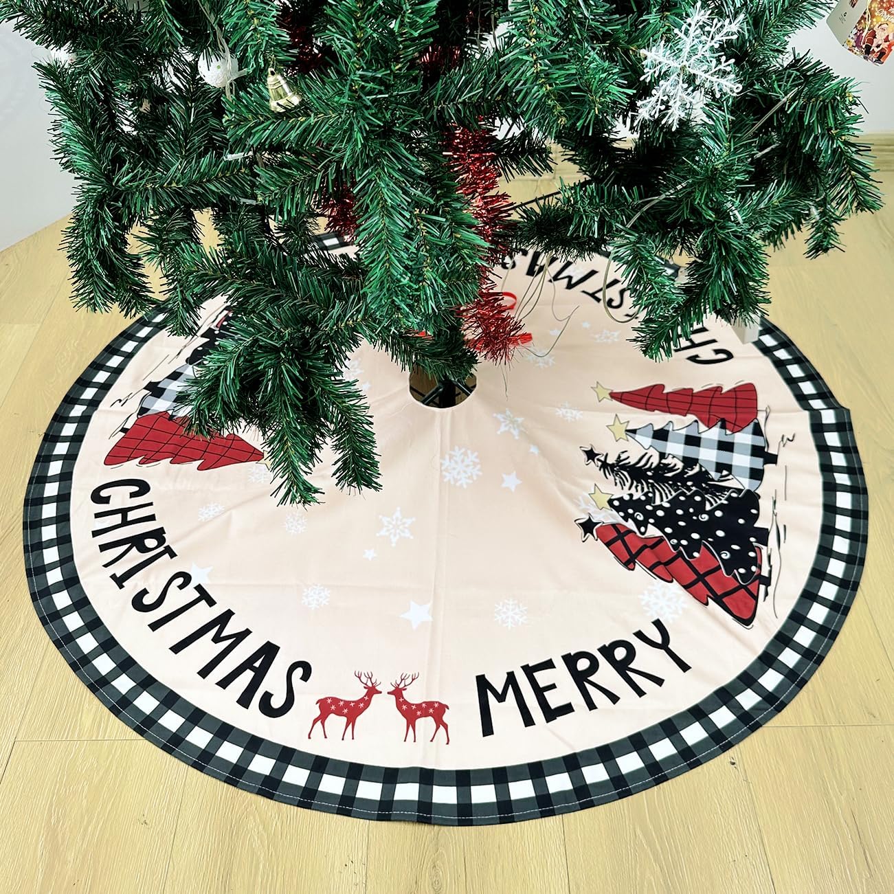 Christmas Tree Skirt 48 Inches Black White Buffalo Plaid Xmas Tree Skirt with Snowflake Merry Christmas Tree Skirts Christmas Tree Decorations for Christmas Holiday Home Decor Indoor Outdoor