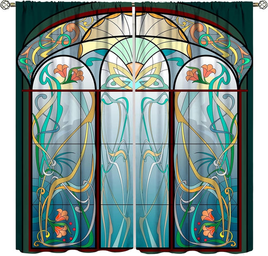 Stained Glass Curtains, Retro Mid Century Boho Abstract Art Home Decor Drapes for Bedroom Living Room Kitchen Window Treatment 2 Panels Set Total Size 63" W X 72" L Inch