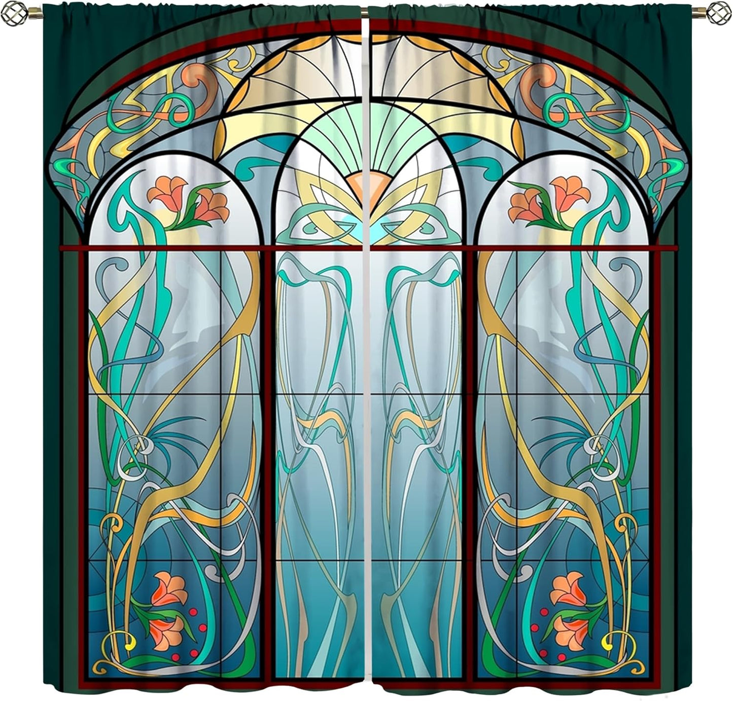 Stained Glass Curtains, Retro Mid Century Boho Abstract Art Home Decor Drapes for Bedroom Living Room Kitchen Window Treatment 2 Panels Set Total Size 55" W X 63" L Inch