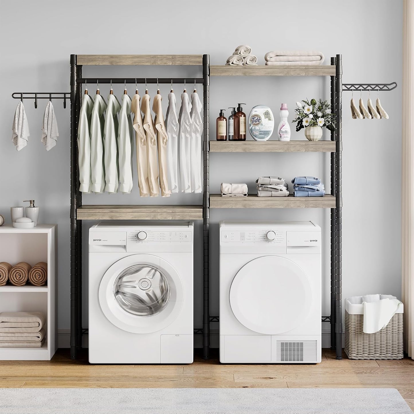 Double Row Over Washer and Dryer Storage Shelves, Laundry Room Organization and Storage, Heavy Duty Laundry Room Shelves, with Adjustable Height, 5-Tier