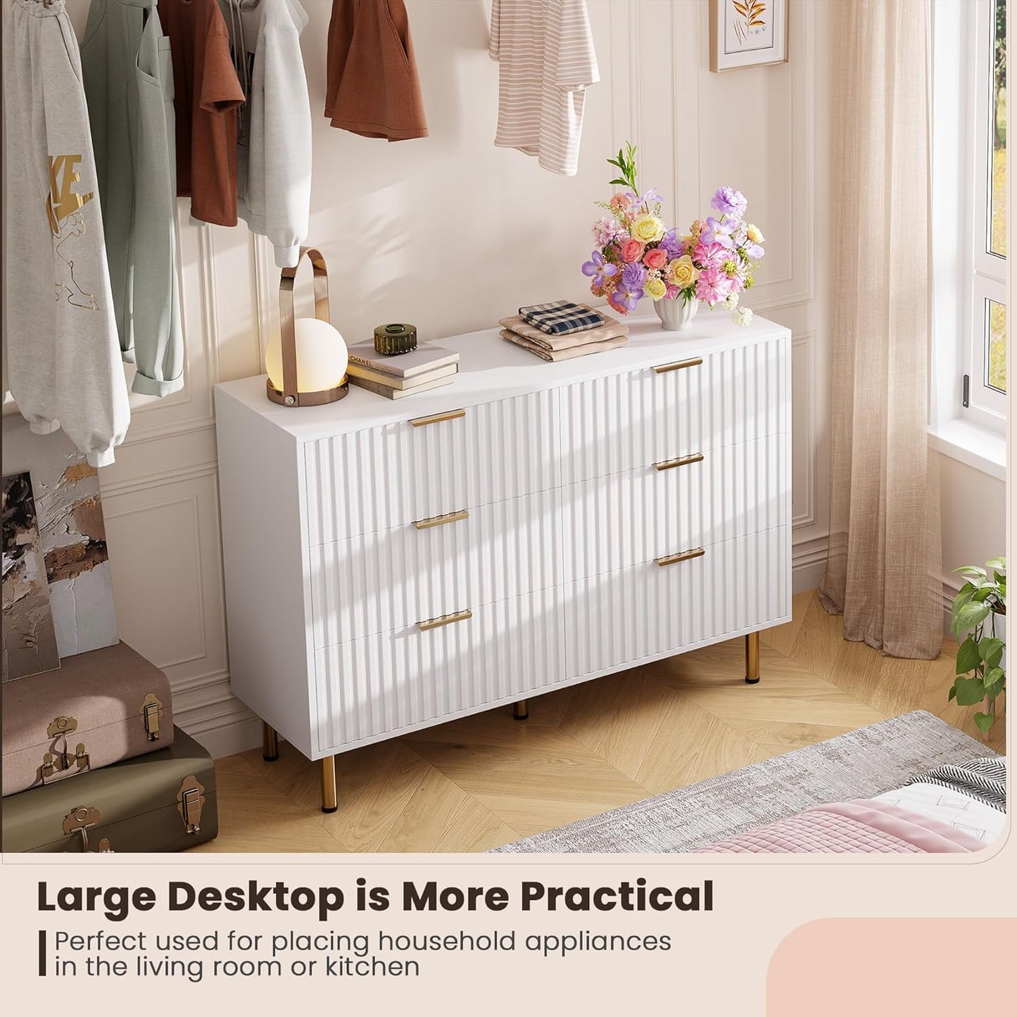 White 6 Drawer Dresser for Bedroom, Fluted 54" Wide Modern Chest of Drawers with Deep Drawers, Long Large Double Dresser TV Stand for Living Room, Hallway, Kids Room