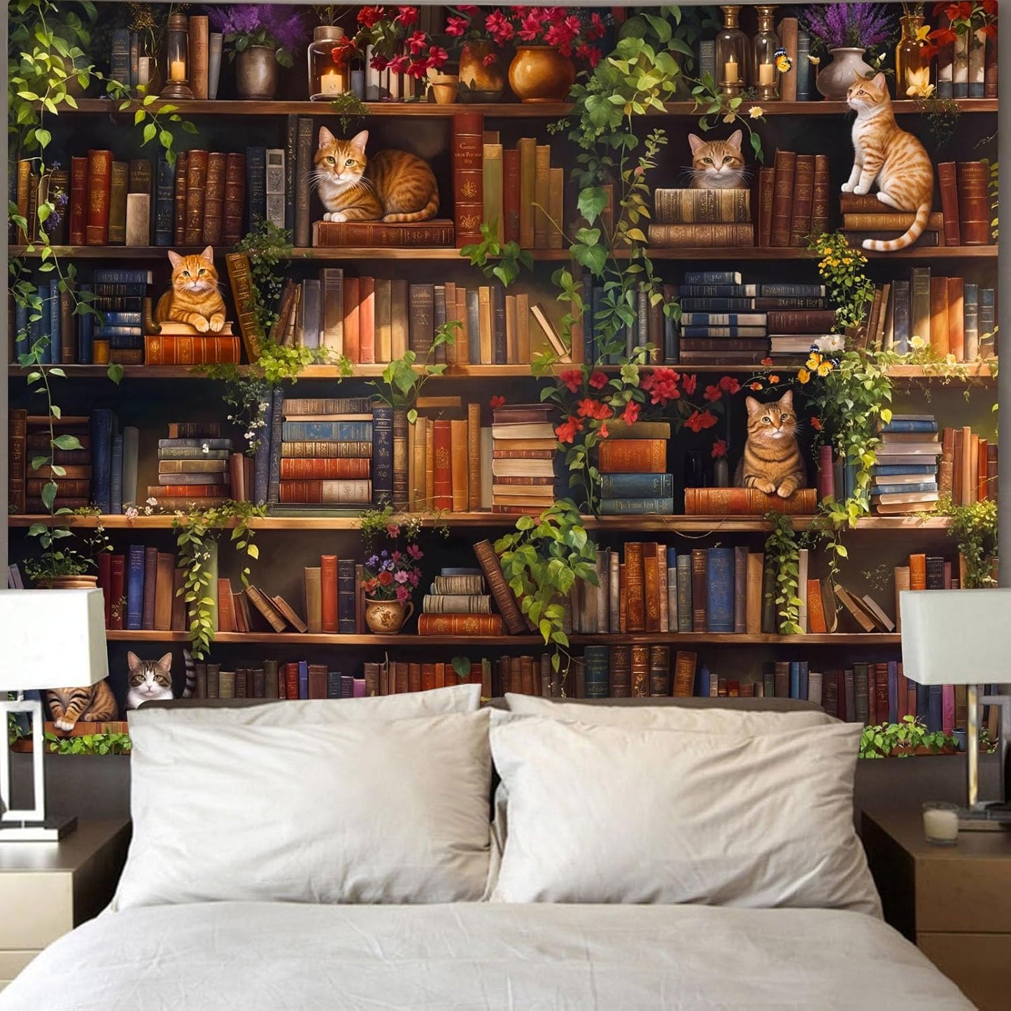 Accnicc Plant Cat Bookshelf Tapestry Botanical Floral Flower Cats Book Tapestries Wall Hanging Vintage Library Extra Large Tapestry for Bedroom Living Room Dorm 90 x 68 inch