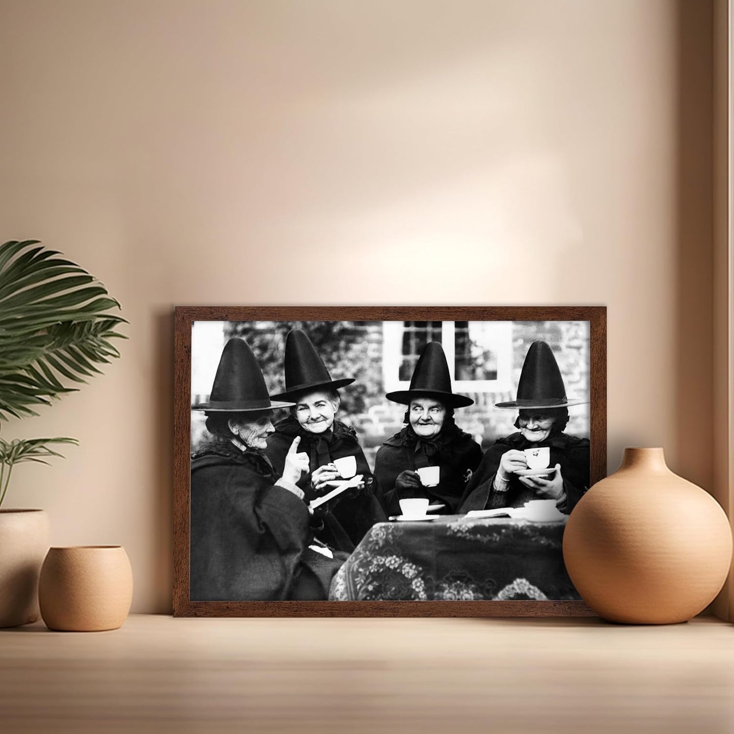Poster Master Classic Photograph Poster - Vintage Halloween Print - Gift for Artist, Friend - Witches Tea Party, Old Women Smiling, Wearing Robes - Wall Decor for Living Room, 16x20 Brown Framed