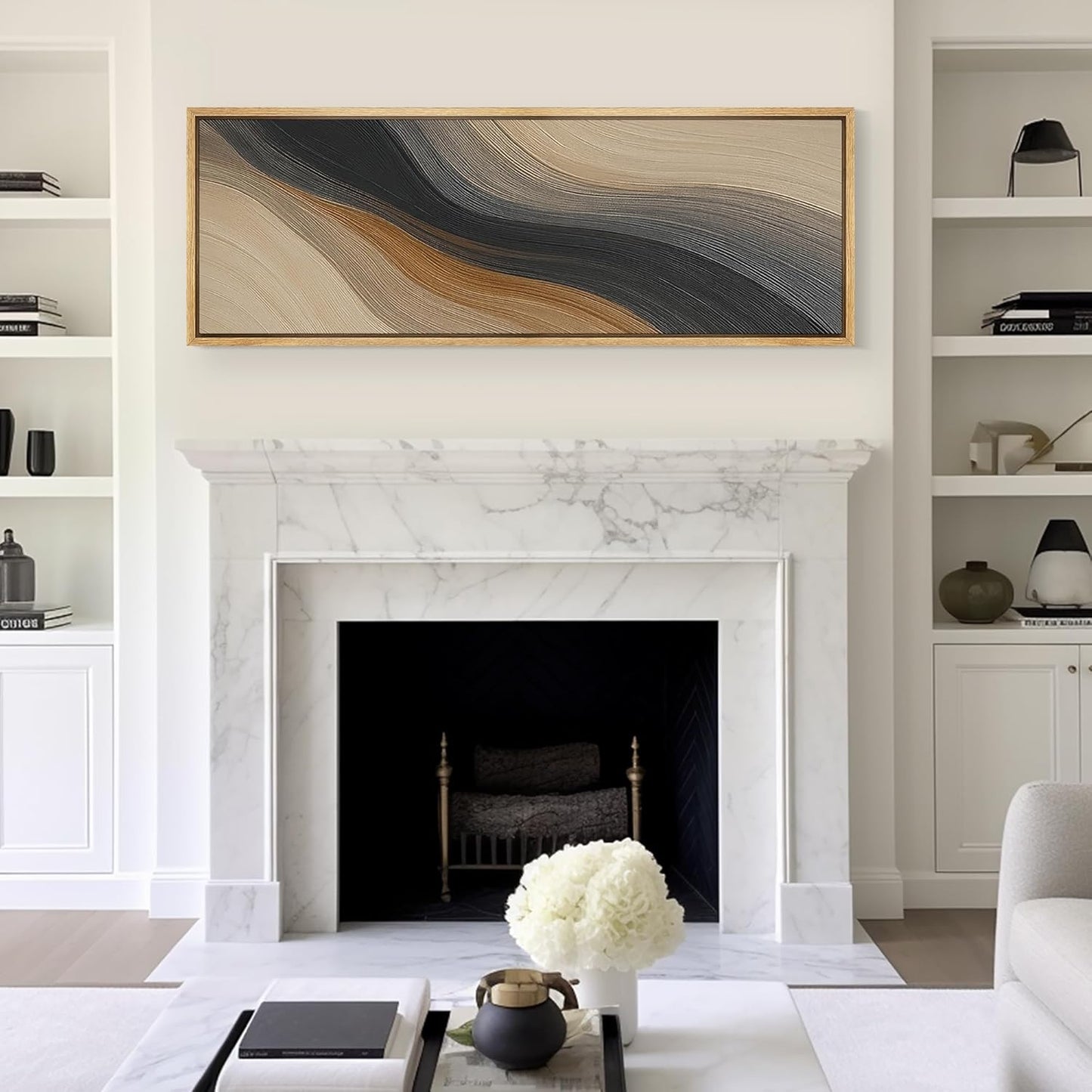 MUDECOR Large Framed Canvas Print Wall Art Abstract Wave Pattern Neutral Black and Brown Modern Geometric Illustrations Decorative Colorful for Bedroom - 60"x20"