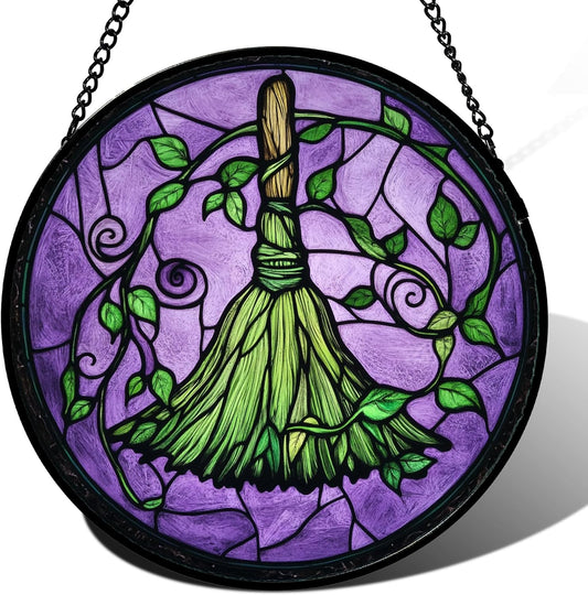Stained Glass Window Hanging - Halloween Decorations Witch Magic Broom Suncatcher for Doors Garden Indoor Funny Spooky Sun Catchers Gothic Decor Horror Gifts for Women Men Friend 9.8 in