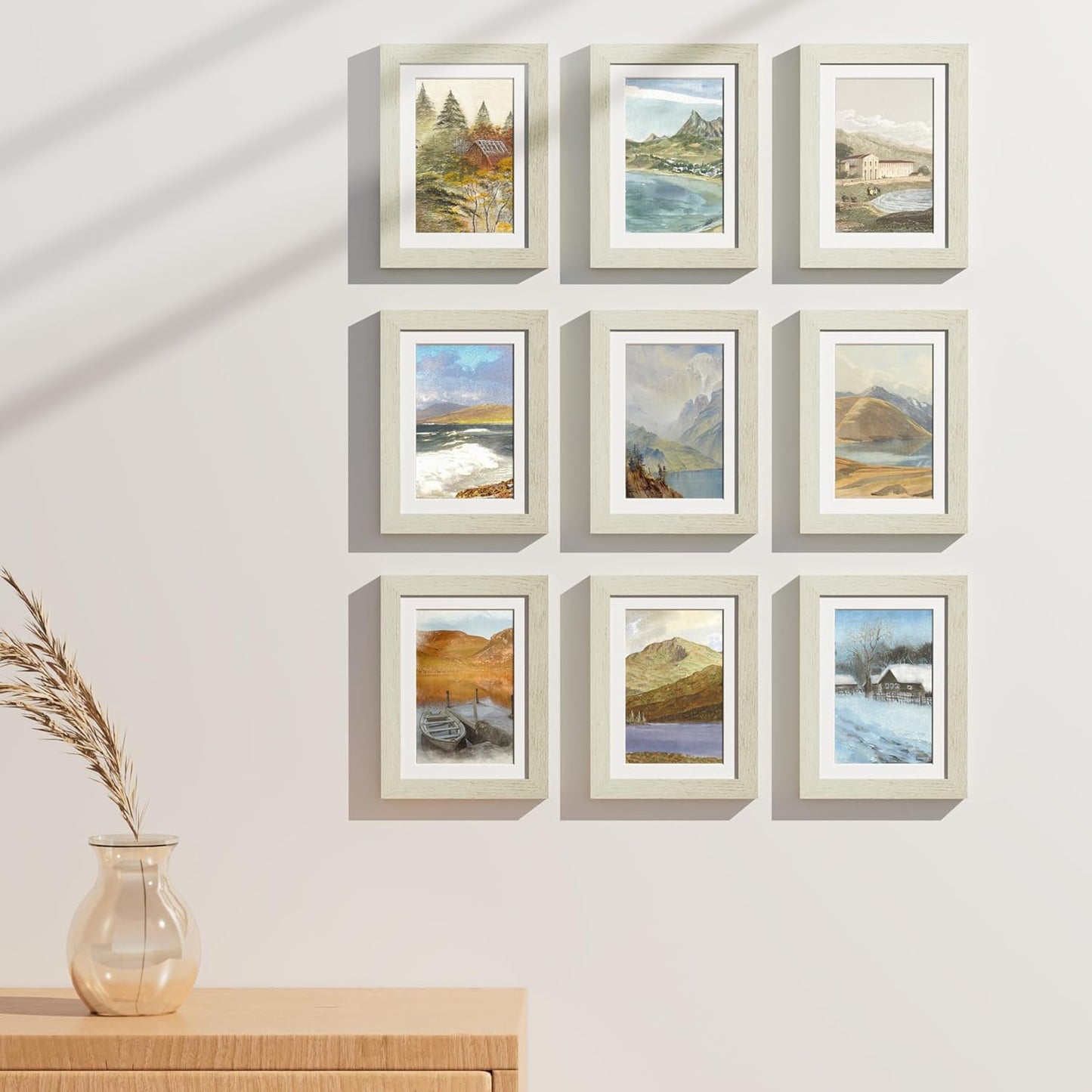 Vittanly 5x7 Picture Frames Set of 9, Shatter Resistant Plexiglass, Display 4x6 Pictures with Mat or 5x7 without Mat, Photo Frames for Wall or Tabletop, Engineered Wood, Whitemist