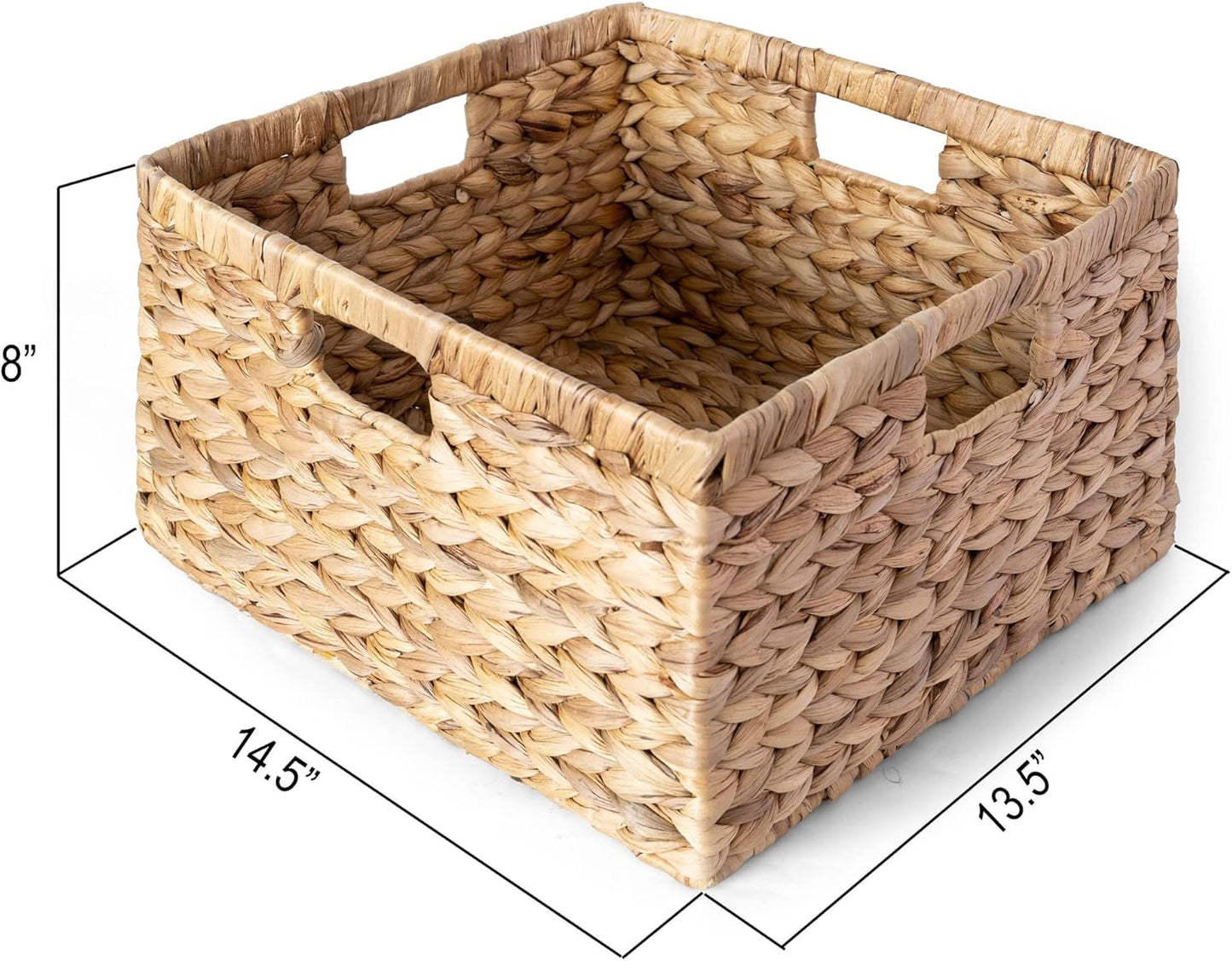 Large 14.5” x 13.5” x 8” (Set of 3) Natural Water Hyacinth Woven Storage Baskets, Rectangular Wicker Basket with Built-in Handles, Large (Natural)