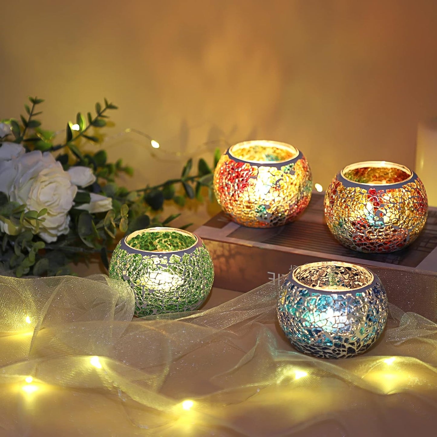 OwnMy 6PCS Mosaic Glass Tealight Holders: Round Votive Candle Holders & Stands for Table Centerpieces, Multicolor Glass Mosaic Tealight Holders, Small Potted Plant Bowl Candle Vases