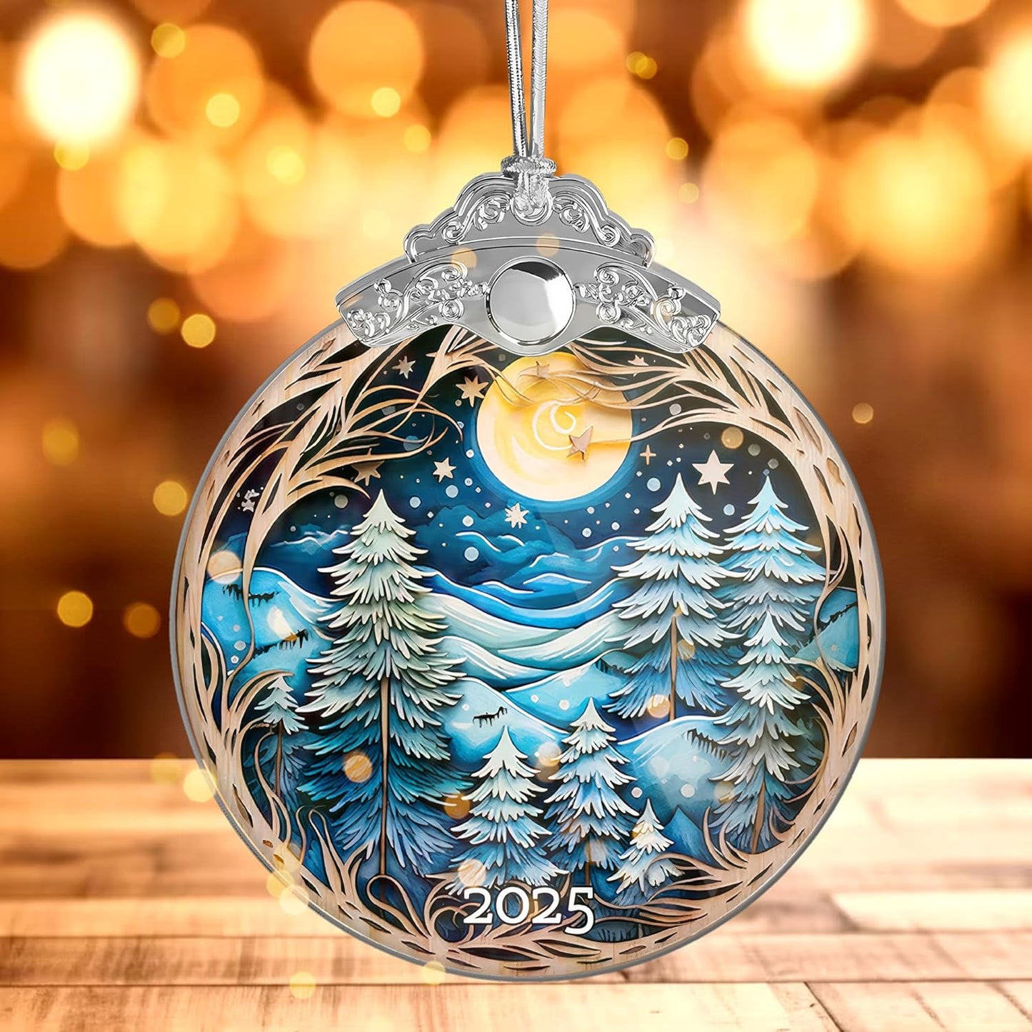 Christmas Ornaments, Winter Night Landscape 2025 Christmas Ornament, Large Acrylic Ornaments for Christmas Tree, White Elephant Gifts, Christmas Decor (Blue Forest)