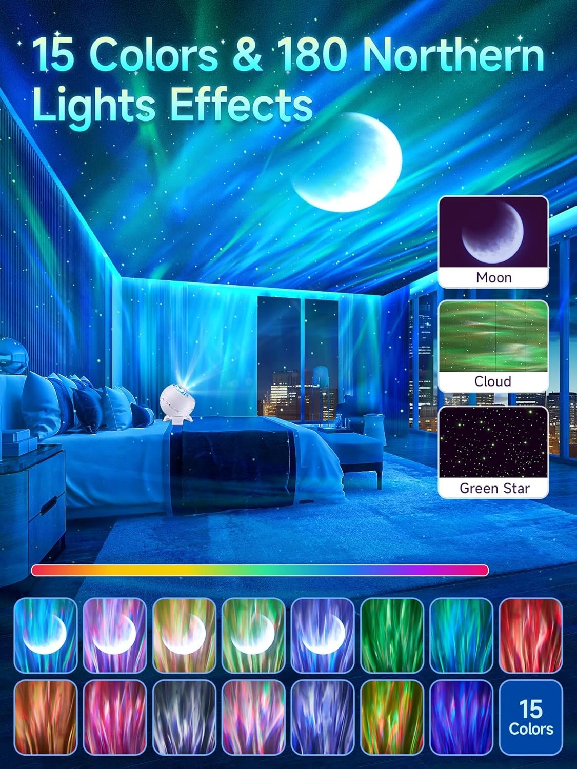 Northern Lights Projector,180 Lighting Modes Galaxy Projector for Bedroom,15 White Noise&Bluetooth Galaxy Projector for Bedroom,Remote+Timer Moon Star Projector Galaxy Light Projector,Christmas Gifts