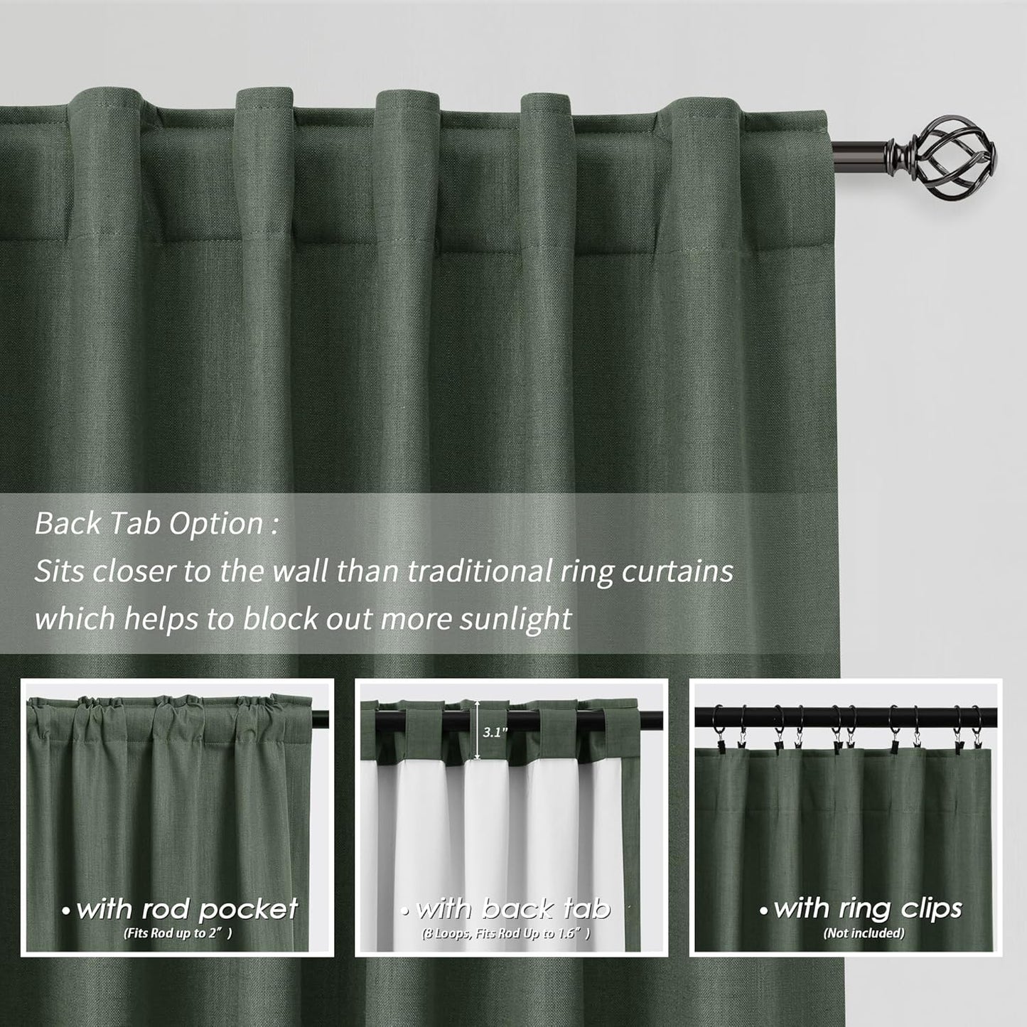 BOODII 108 Inch Black Out Curtains 2 Panels Set Back Tab Thermal Insulated Olive Green Linen Textured Blackout Curtains Noise Reducing for Farmhouse Living Room Darkening Window Drapes Loden 52x108