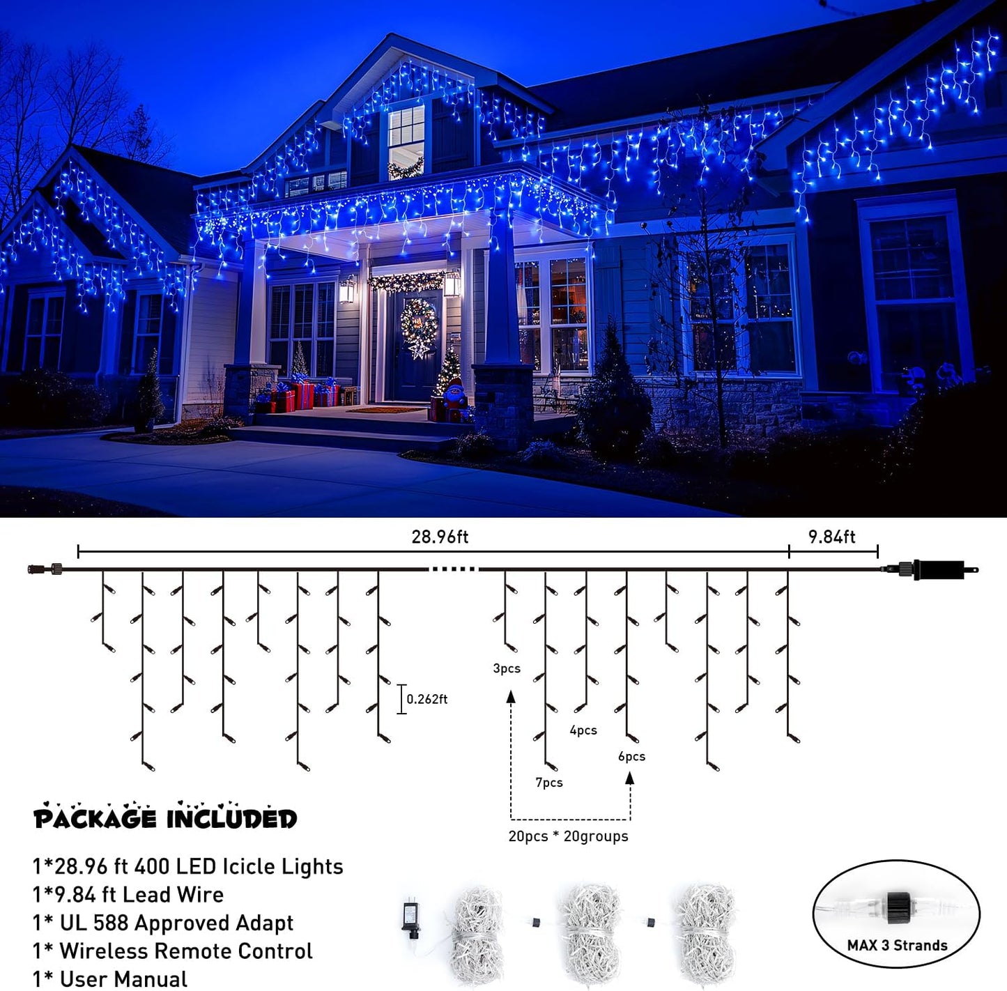 JMEXSUSS 400 LED Blue Icicle Lights for Outdise, 38.8 FT Christmas Icicle Lights Indoor Outdoor with 80 Drops, Blue Christmas Lights with Remote Plug in for House Fireplace Christmas Decorations
