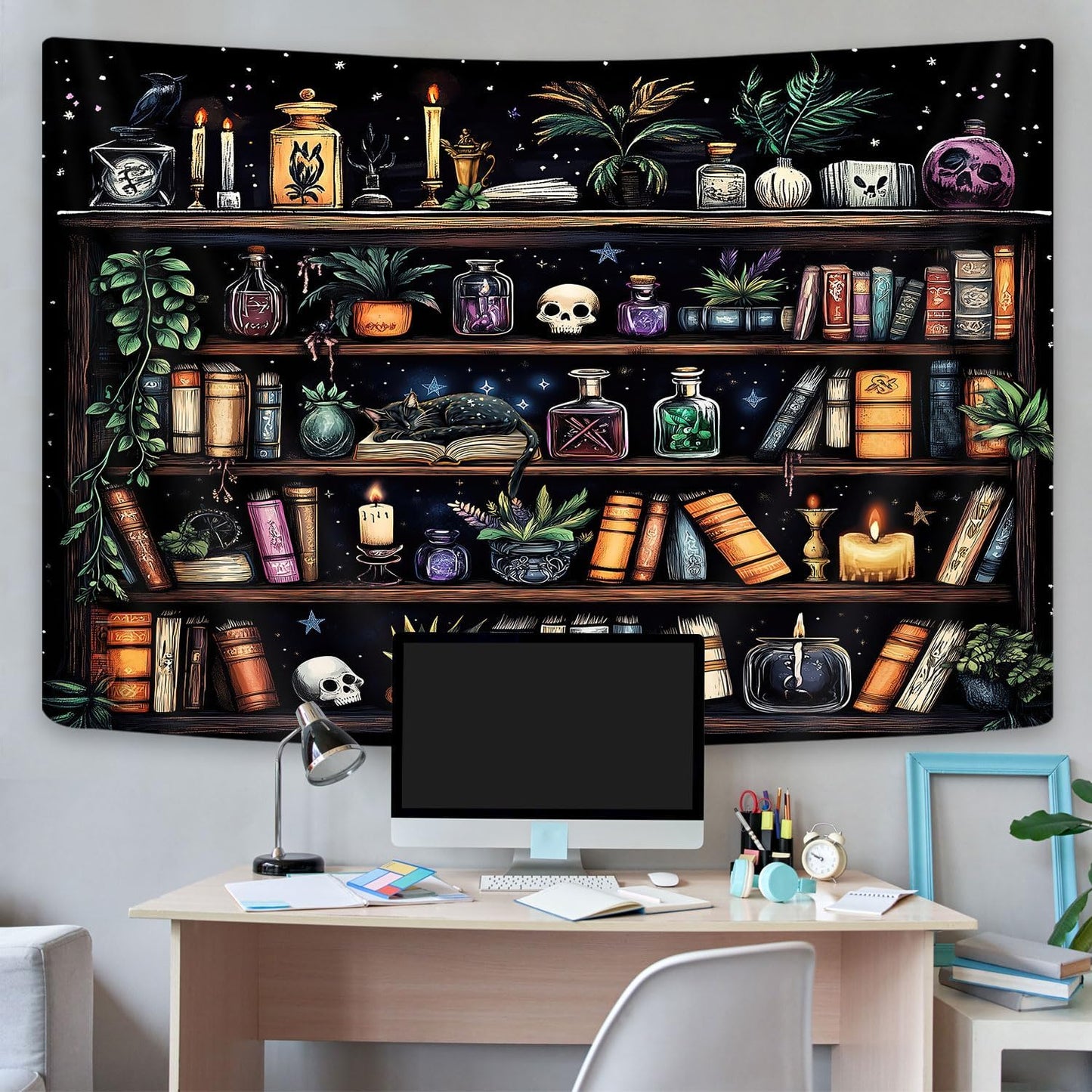 Bookshelf Tapestry Magical Library Witchy Tapestries, Vintage Fantasy Dark Bookshelf Hippie Cool Wall Tapestries Gothic Skull Black Cat Book Aesthetic Decor for Study Classroom, 60X40