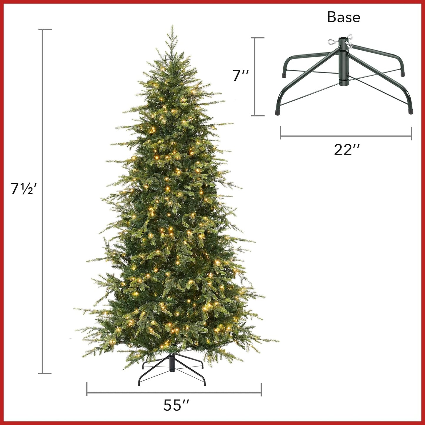 Casafield 7.5FT Pre-Lit Slim Green Aspen Fir Artificial Holiday Christmas Tree with White & Multicolored LED Lights, Realistic Noble Fir with Metal Stand