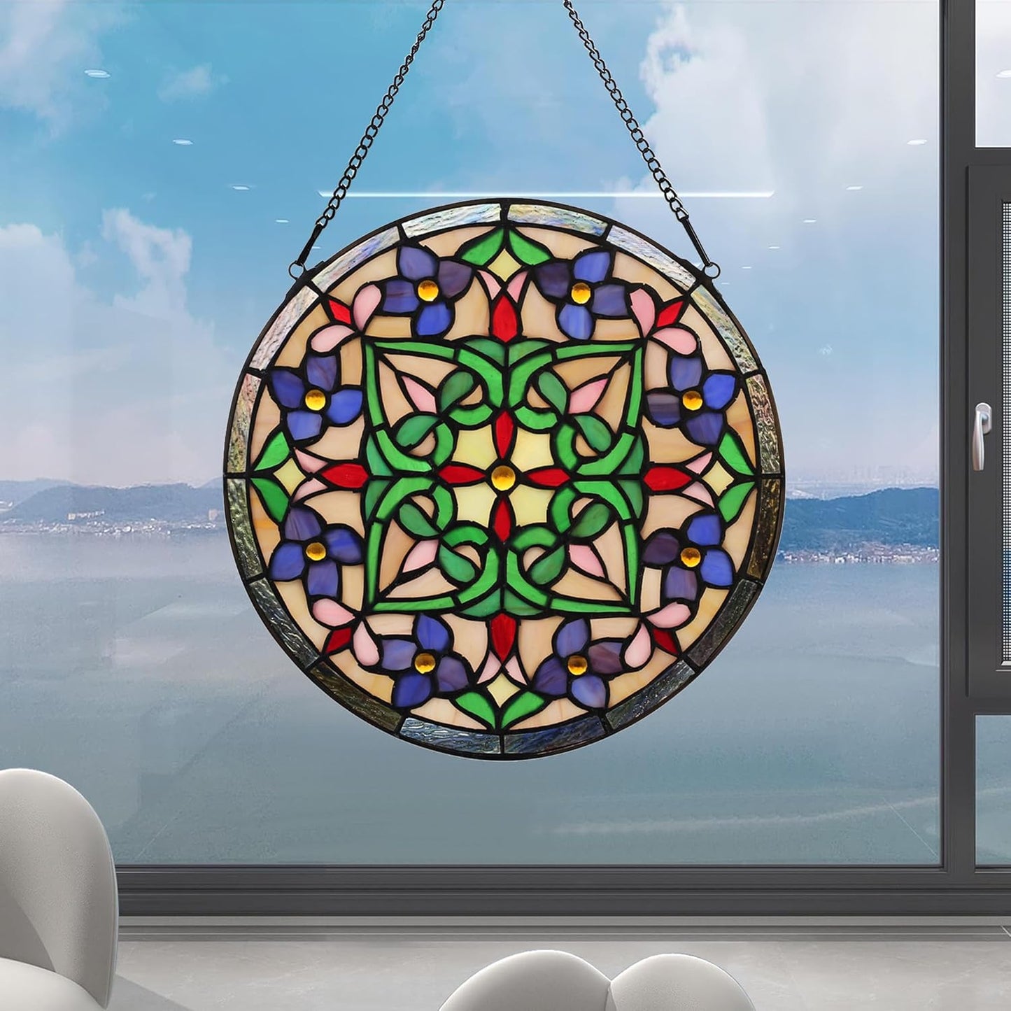 Handcrafted Stained Glass Window Panel - 12-Inch Round Floral Design with Vibrant Colors, Elegant Decorative Hanging Art for Home Décor, Includes 20-Inch Chain & Hook (Green Flower)