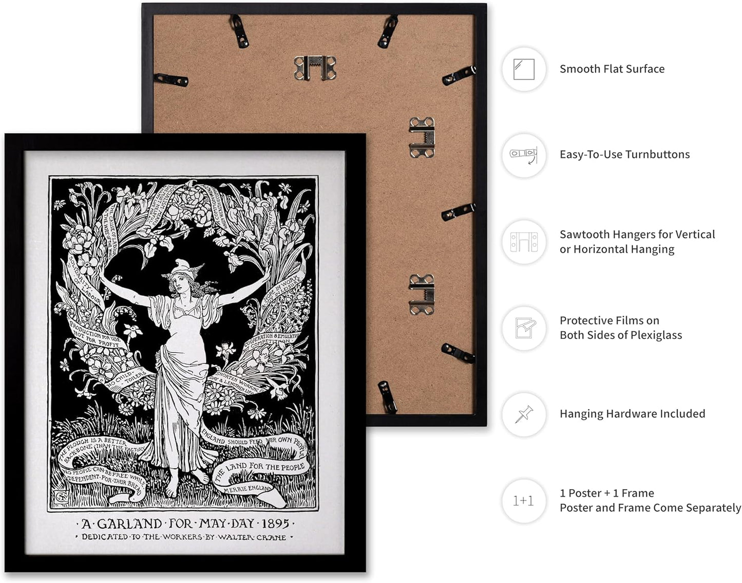 Poster Master Vintage Walter Crane Poster - Retro A Garland for May Day Print - Socialist Art - Gift for Him, Her, Men, Women - Wall Decor for Home, Office, Living Room, 11x14 Black Framed