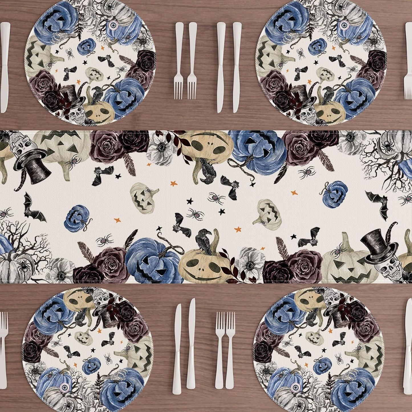 XCHI Spooky Blue Pumpkin Halloween Round Placemats Set of 4 Table Mats for Party Home Kitchen Dining Table Decorations 14x14 Inch