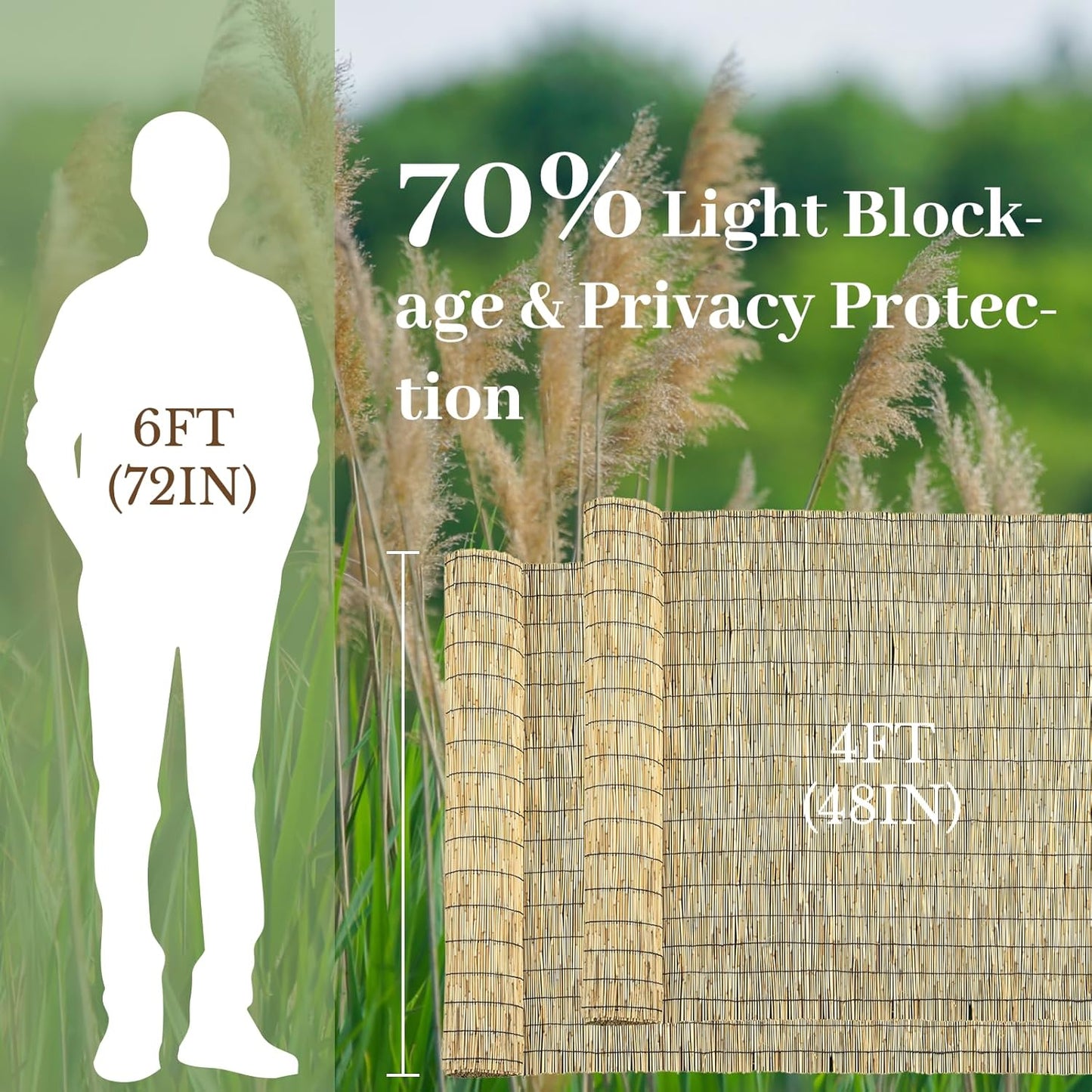 Natural 2 Pack 4FT X 16.4FT Reed Fencing Roll, Balcony Privacy Shade Reed Bamboo Fencing Garden Fence Border, Wind Block Sunshade Fence Screen for Outdoor Yard Patio Flower Bed Edge